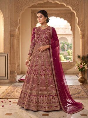 Vyanika Wine Gold Zari Embroidered Bridal Lehenga Set