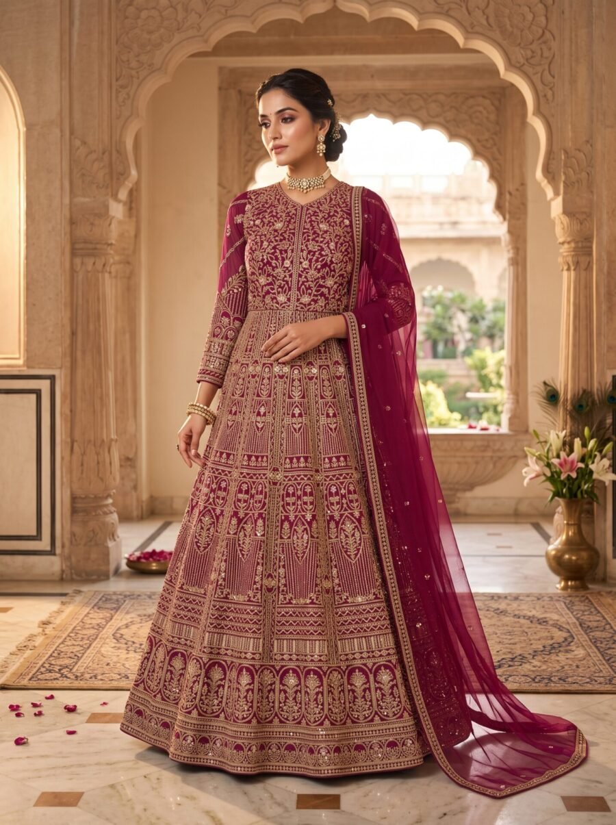 Vyanika Wine Gold Zari Embroidered Bridal Lehenga Set