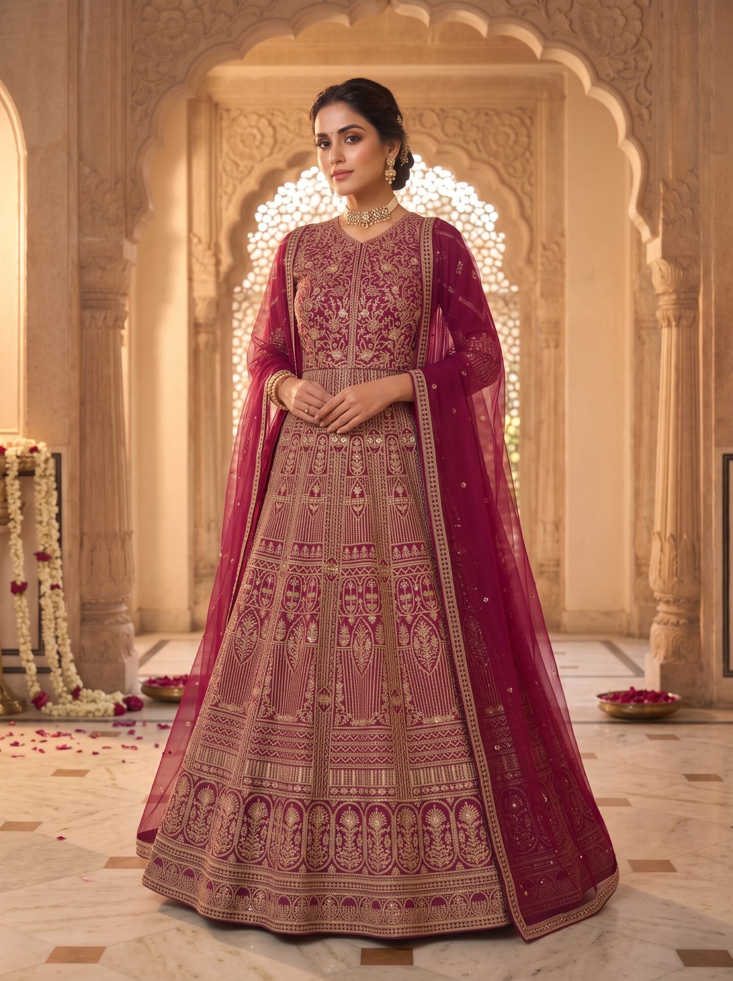 Vyanika Wine Gold Zari Embroidered Bridal Lehenga Set - Image 2