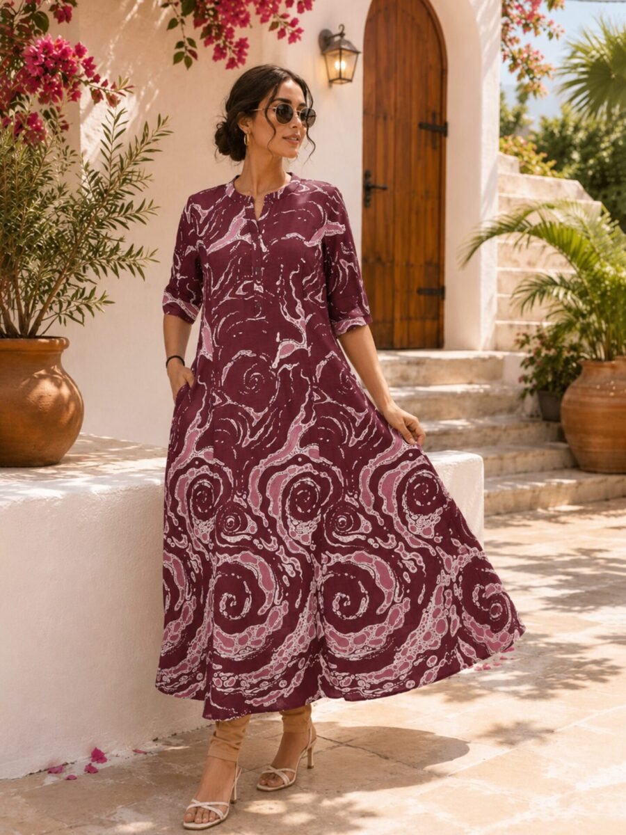 Burgundy Tide Printed A-Line Dress