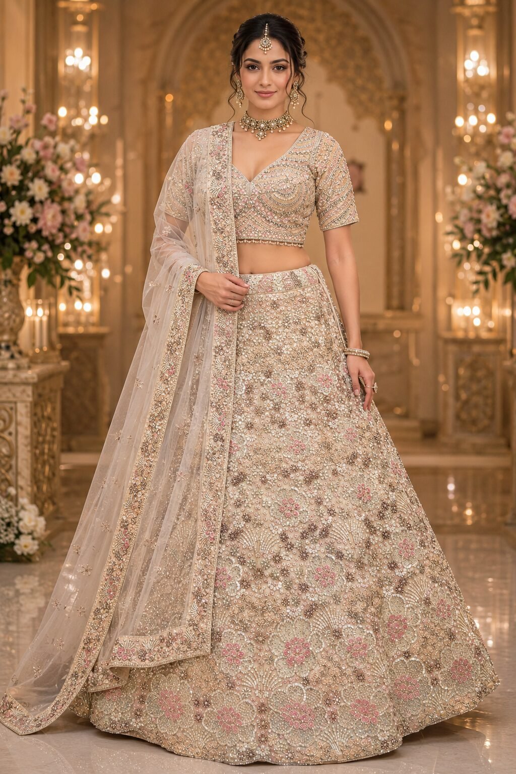 Zareen Ivory Blush Floral Embroidered Bridal Lehenga Set