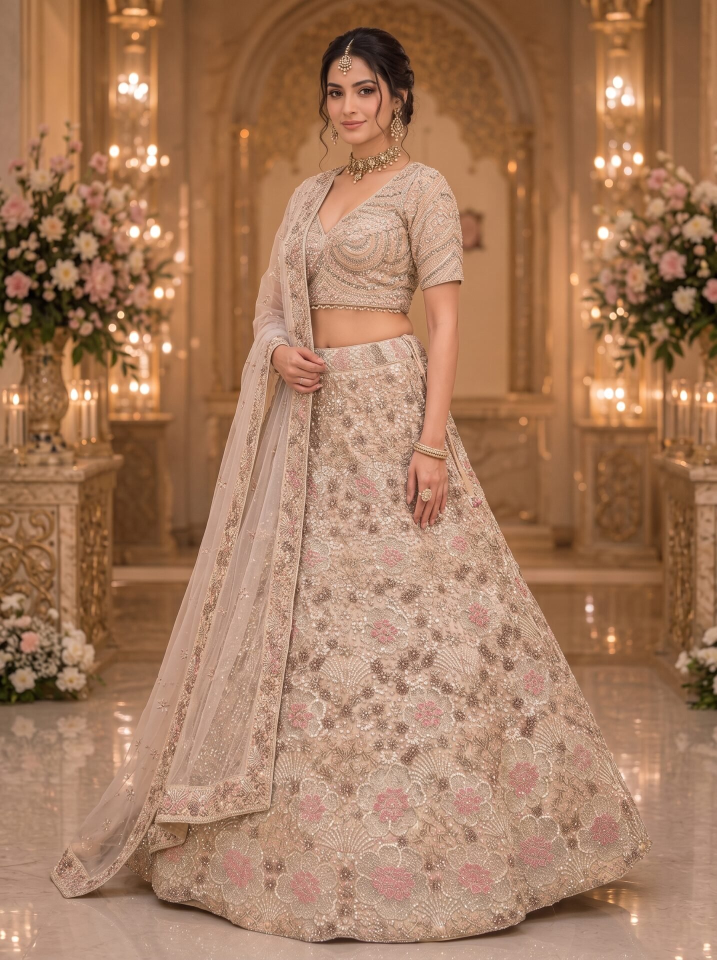 Zareen Ivory Blush Floral Embroidered Bridal Lehenga Set - Image 2