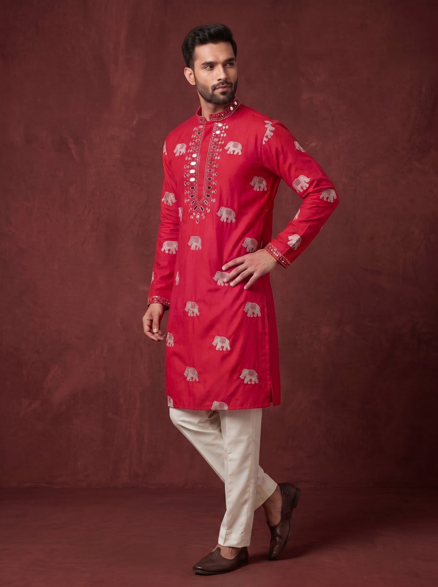 Pink Elephant Mirror Work Men's Kurta - Image 2