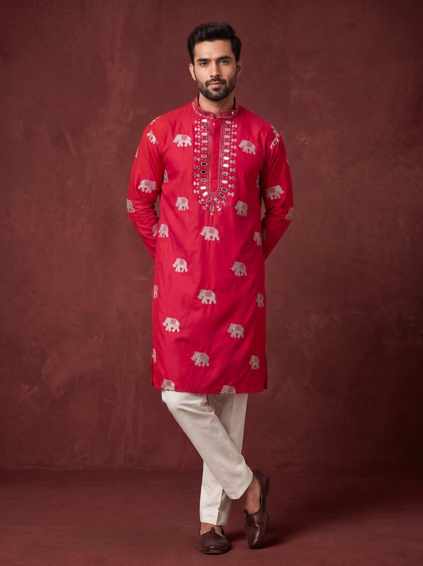 Pink Elephant Mirror Work Men's Kurta