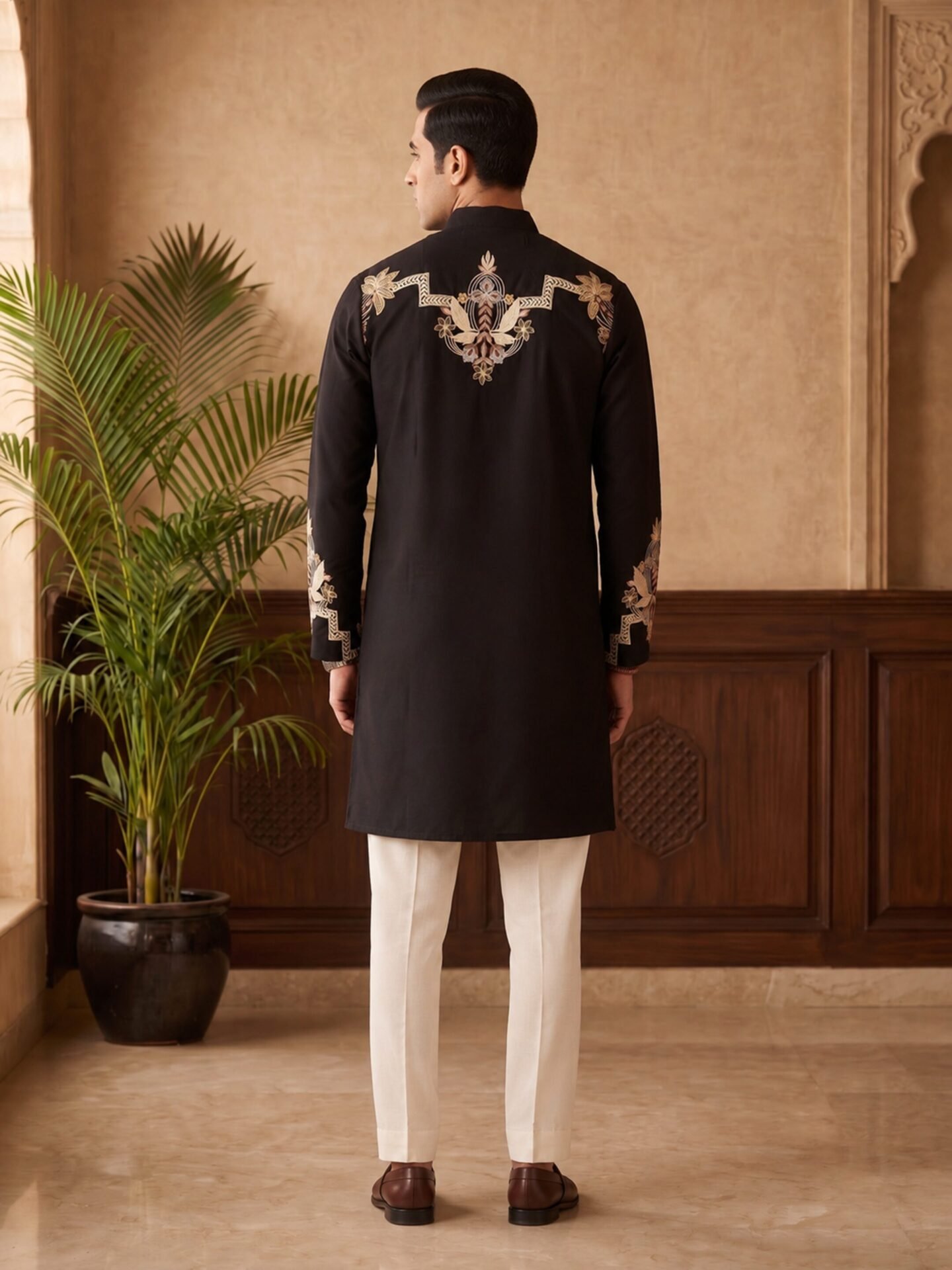 Black Multicolour Floral Embroidered Men's Kurta - Image 2