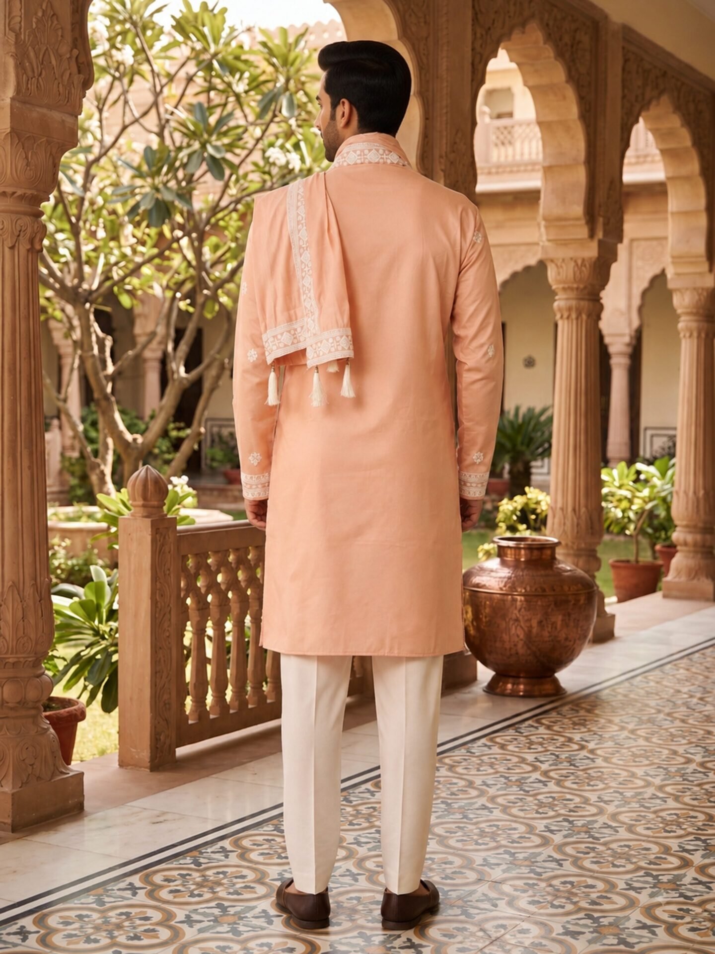 Peach Embroidered Men's Kurta with Dupatta - Image 2