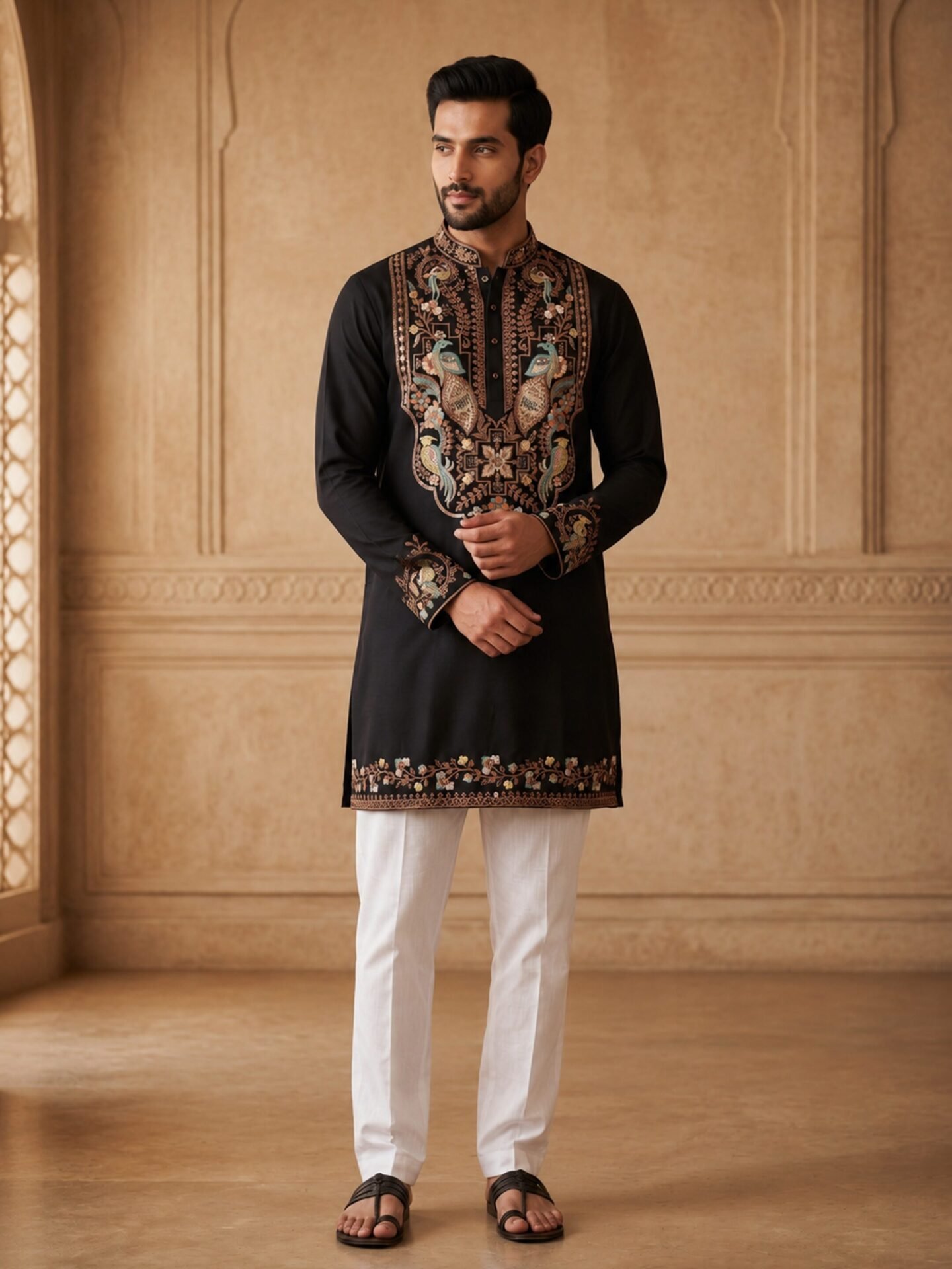 Black Peacock Embroidered Men's Kurta