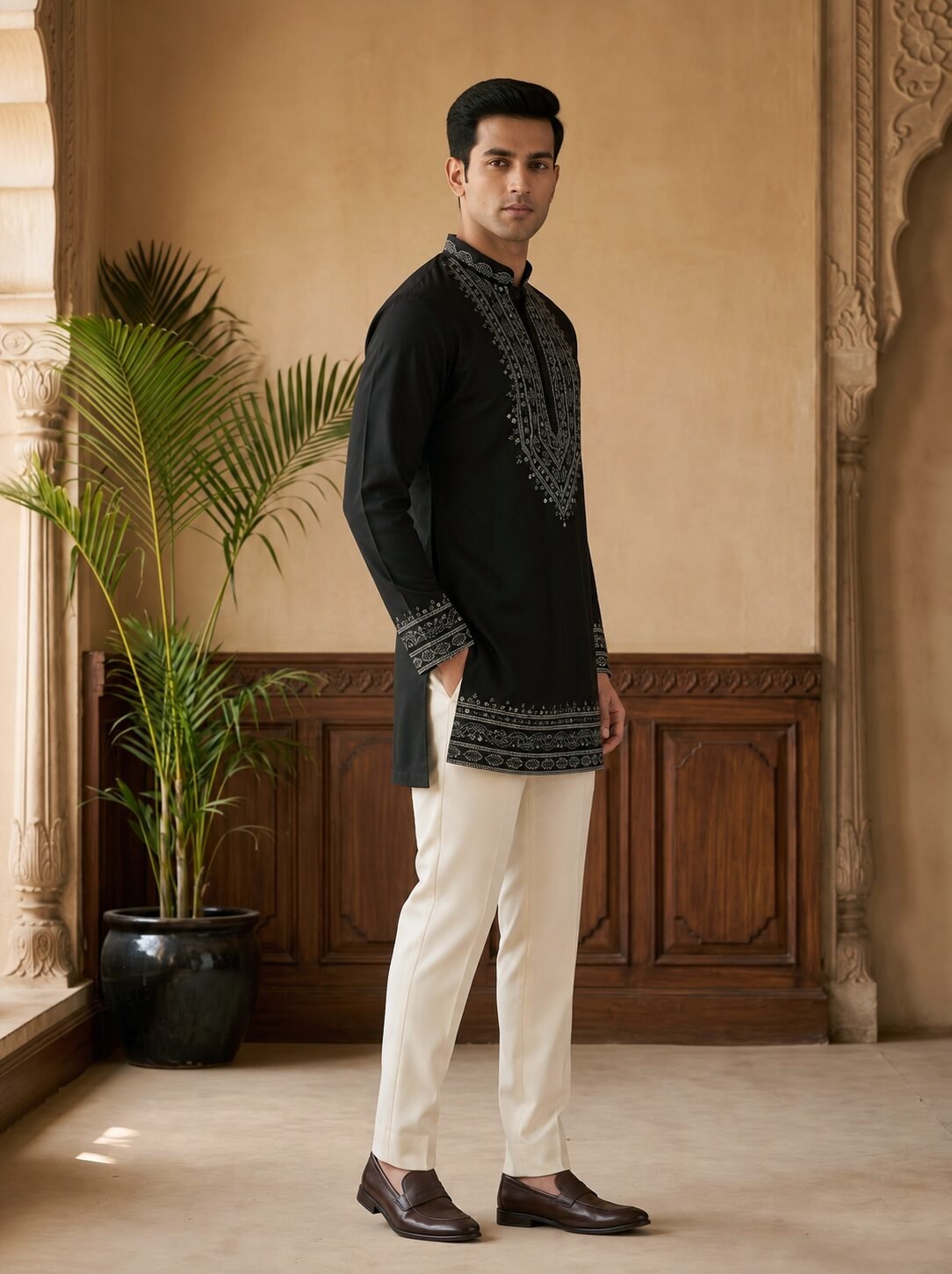 Black Real Mirror Work Men's Kurta - Image 3