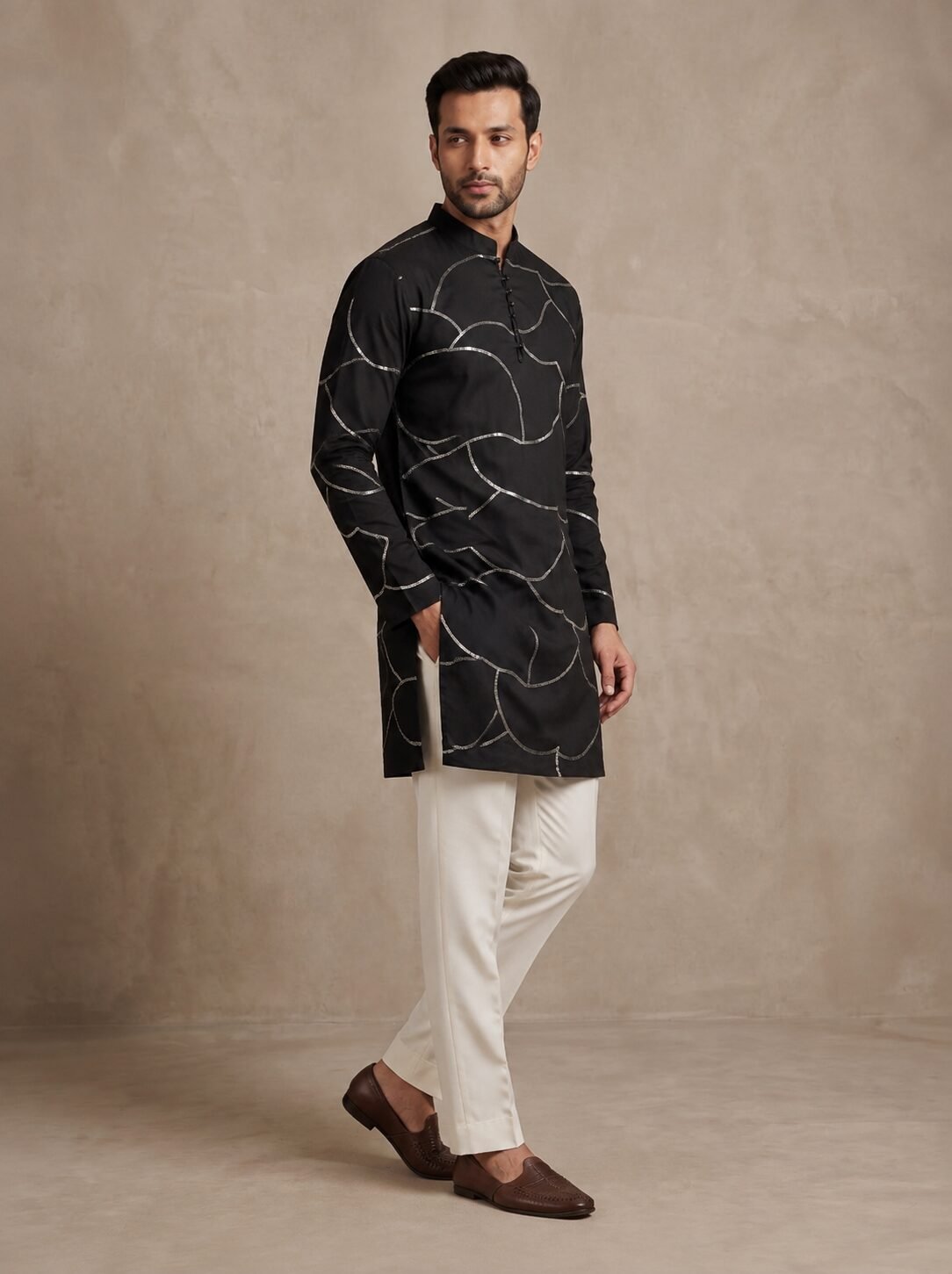 Black Silver Sequin Work Men's Kurta - Image 2