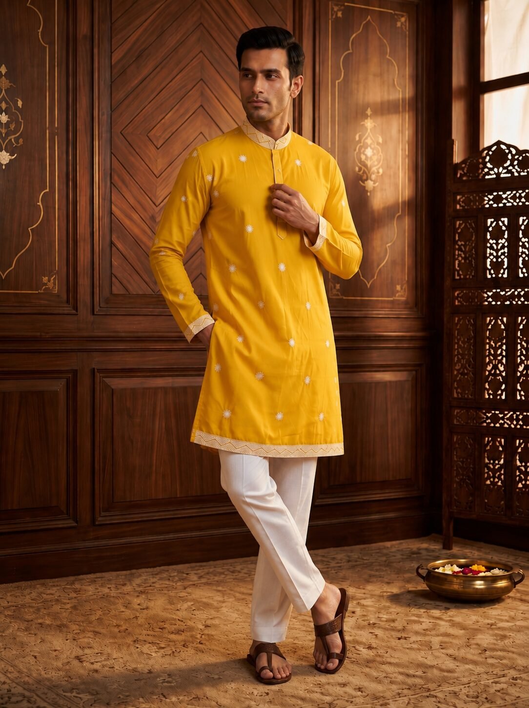Yellow Royal Embroidered Men's Kurta - Image 2