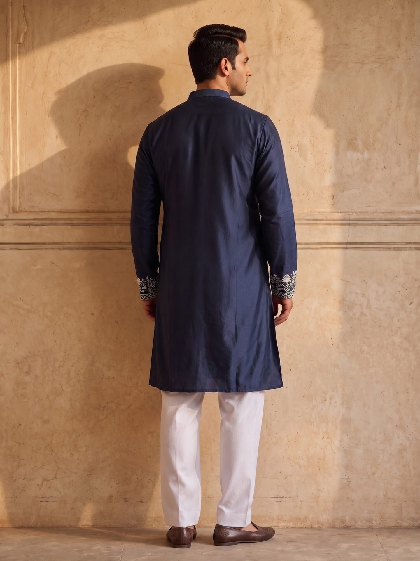 Navy Blue Embroidered Men's Kurta with Dupatta - Image 2