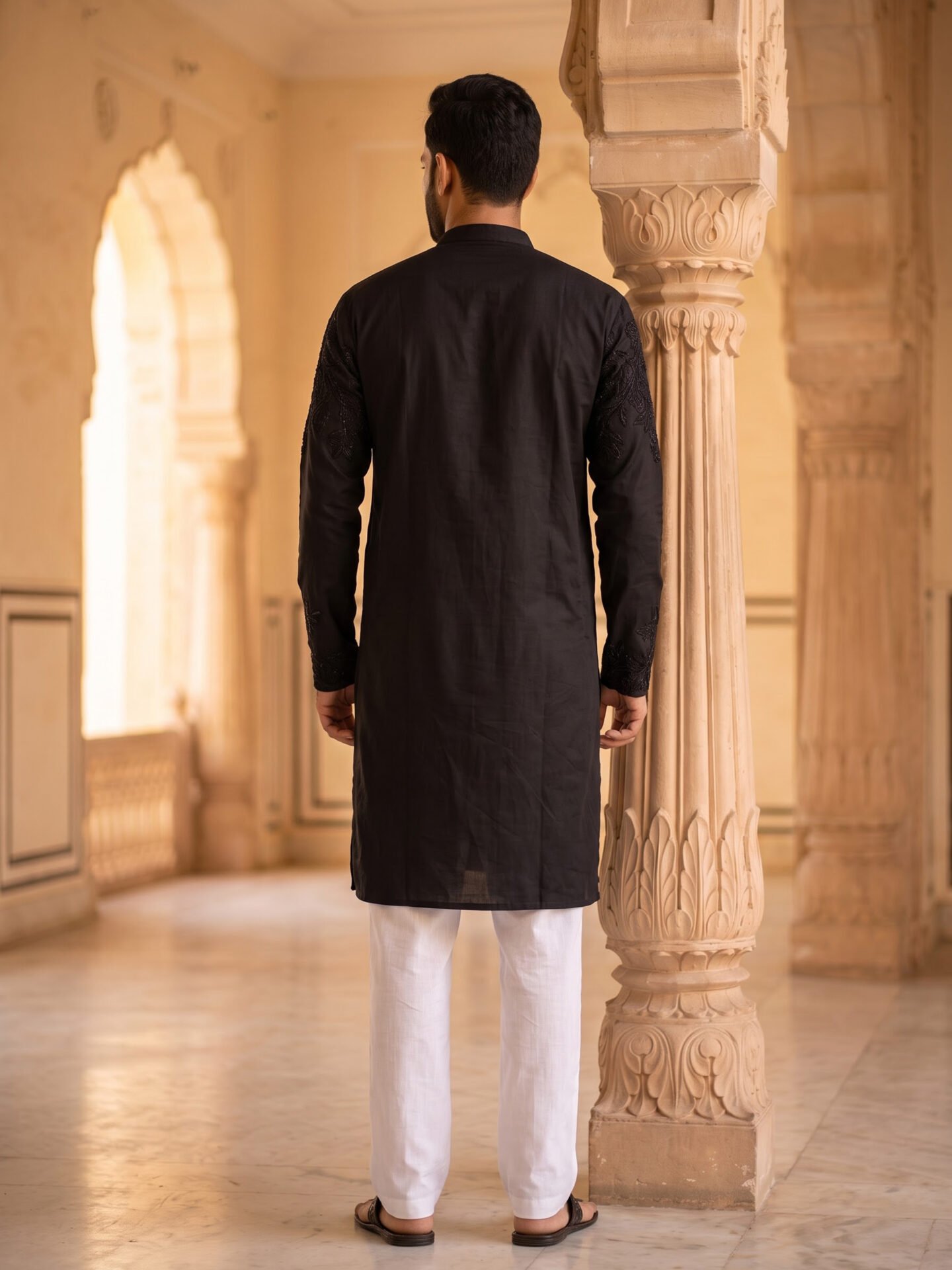 Black Tone-on-Tone Floral Embroidered Men's Kurta - Image 2