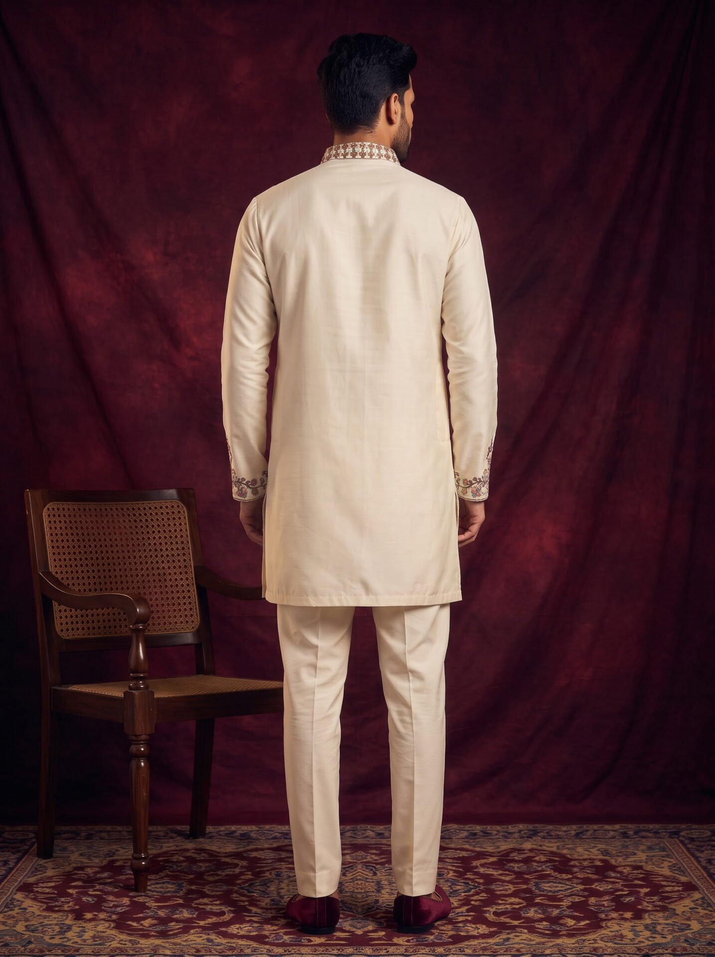 Off-White Peacock Embroidered Men's Kurta - Image 2