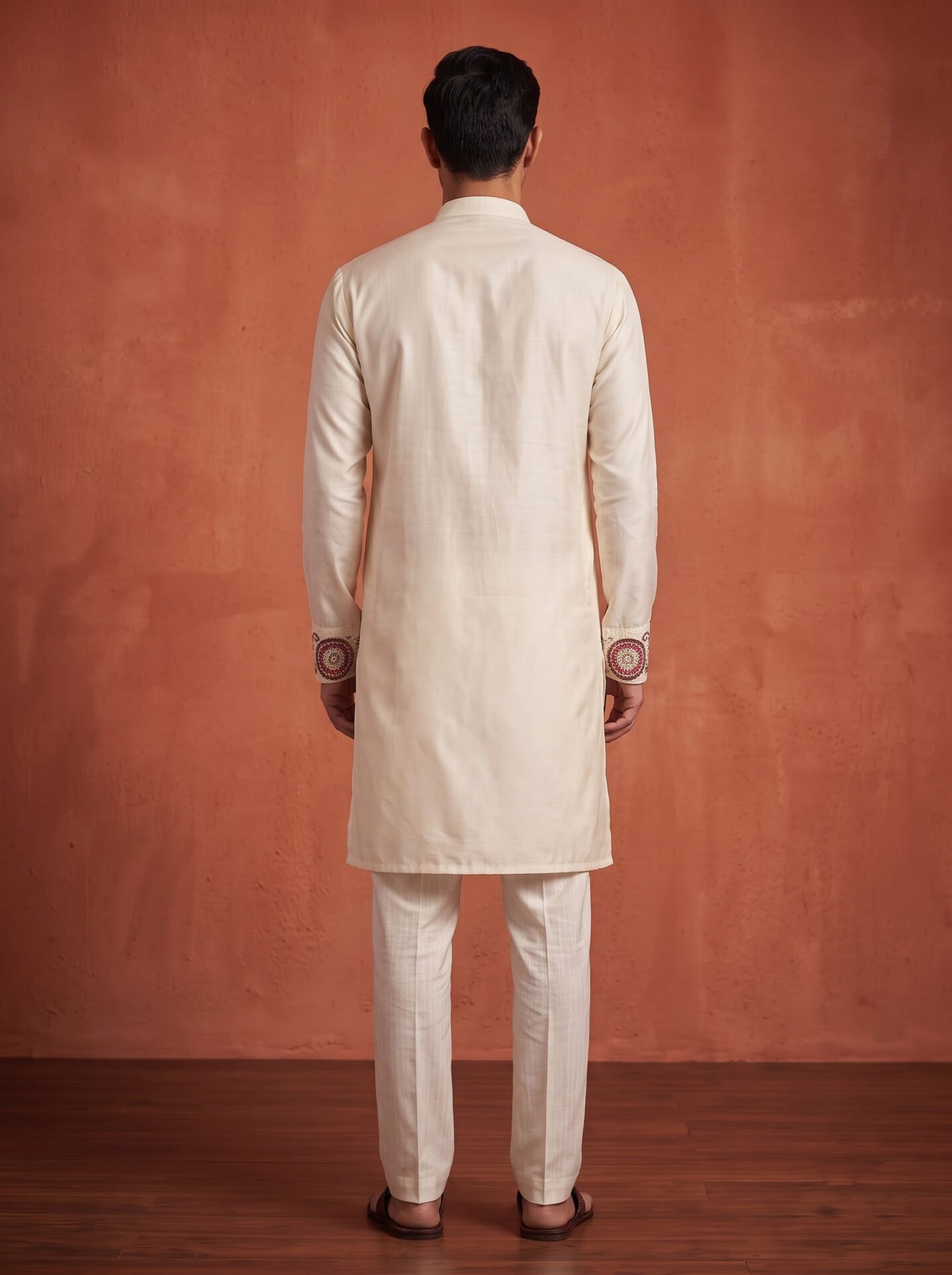 Off-White Embroidered Men's Kurta with Beaded Neck - Image 4