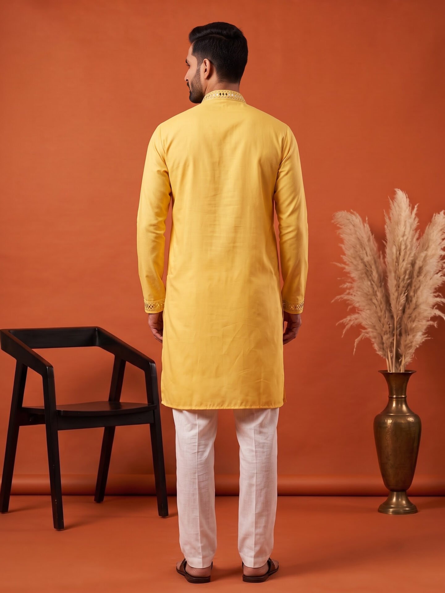 Yellow Elephant Foil Embroidered Men's Kurta - Image 2