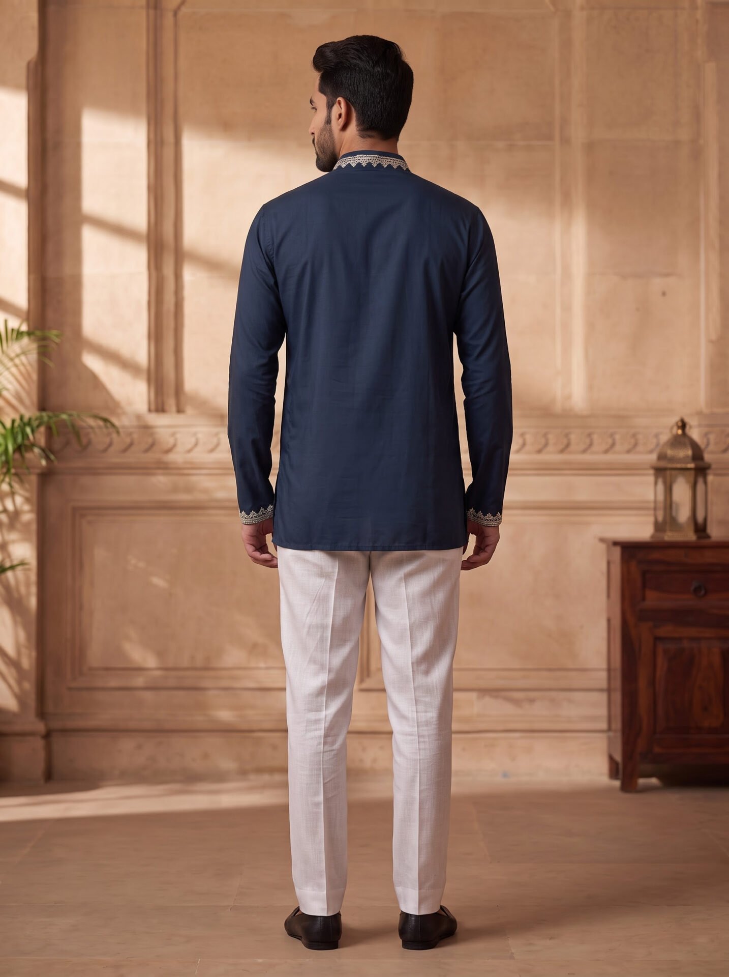 Navy Blue Elephant Patch & Pearl Men's Kurta - Image 2