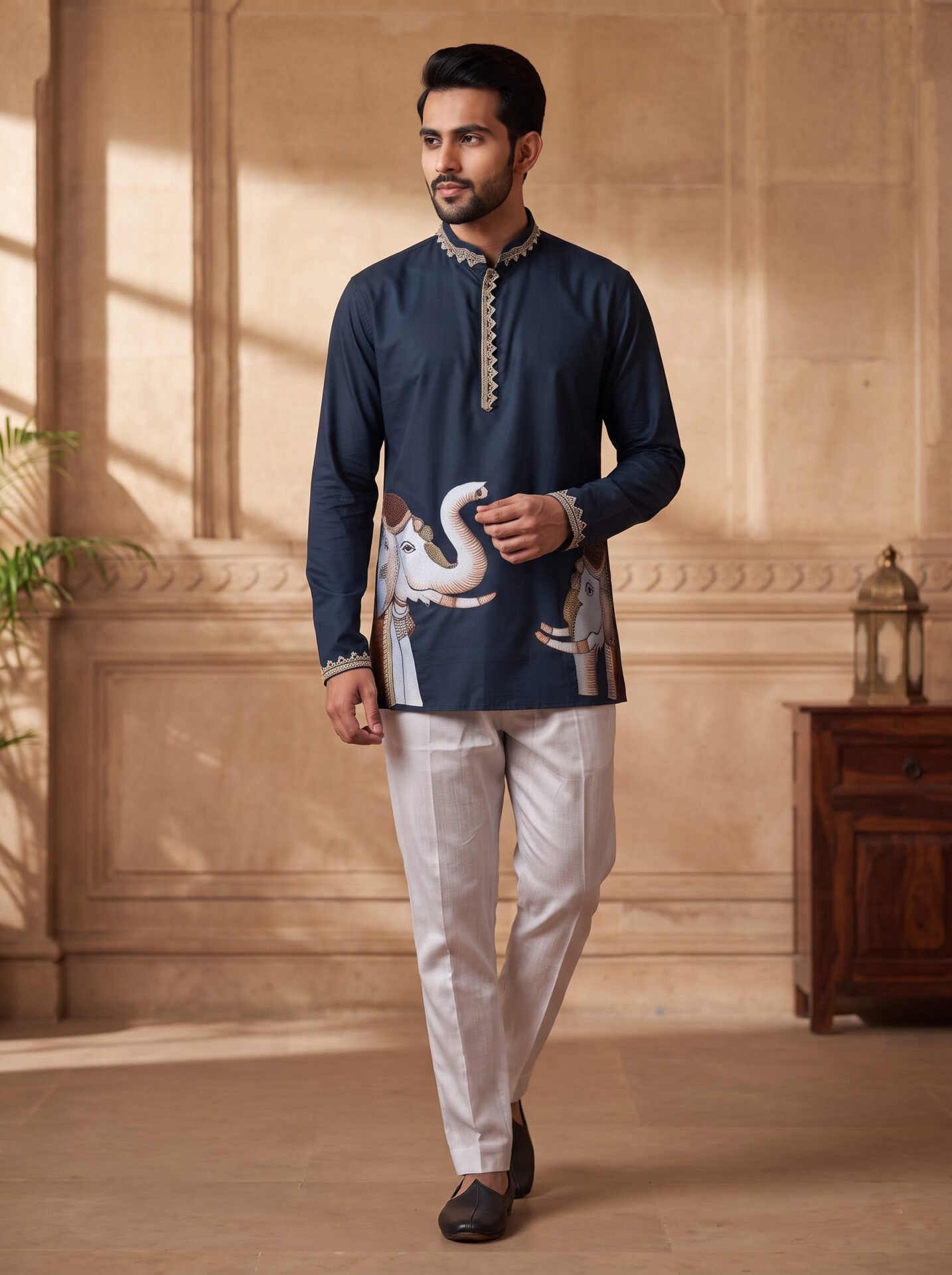 Navy Blue Elephant Patch & Pearl Men's Kurta