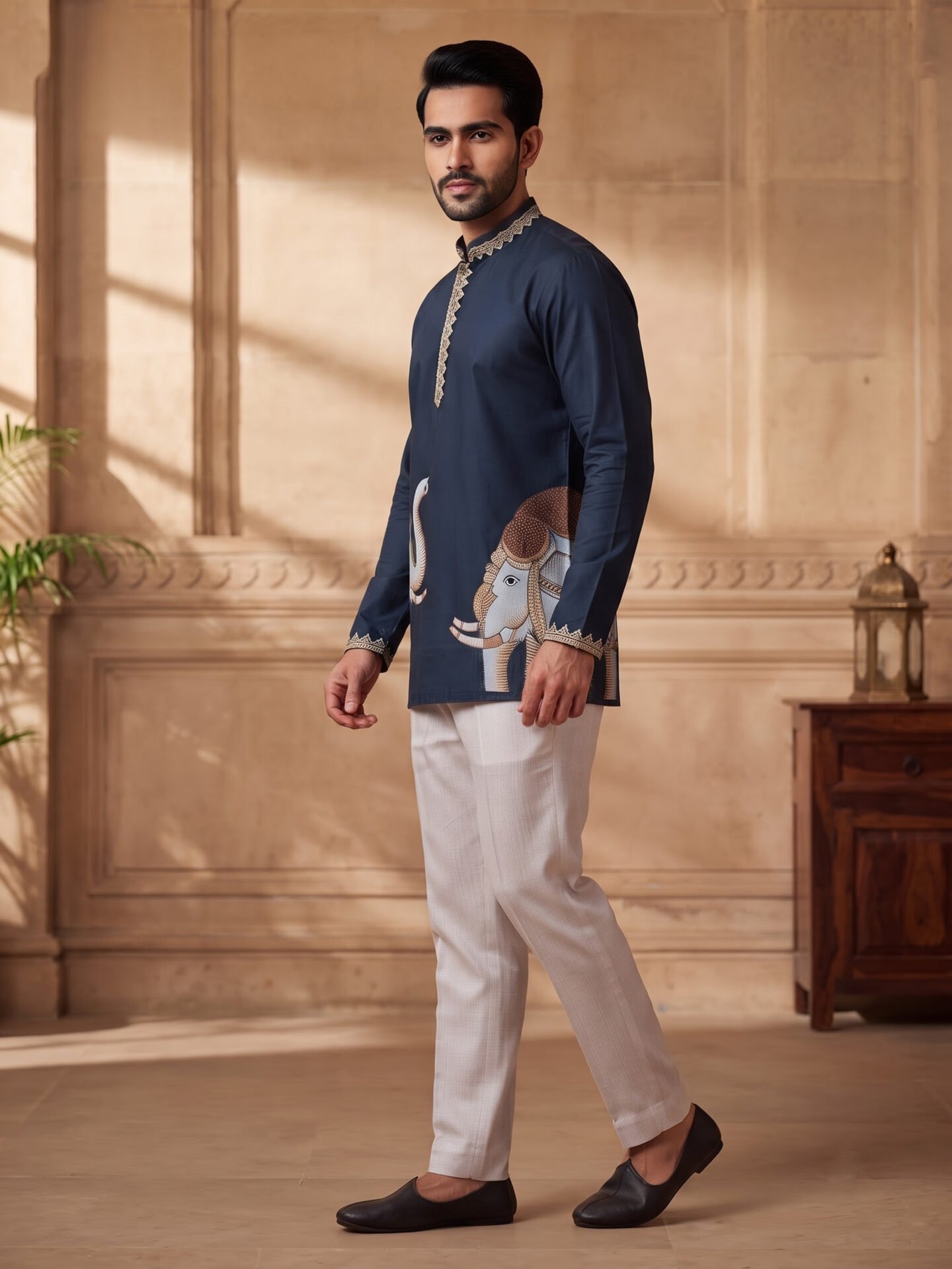 Navy Blue Elephant Patch & Pearl Men's Kurta - Image 4