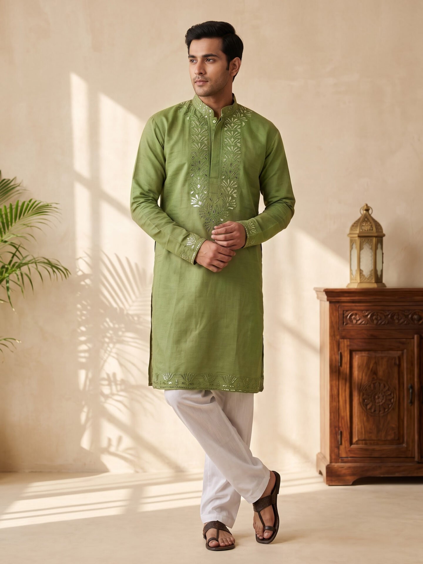 Light Green Foil Embroidered Men's Kurta