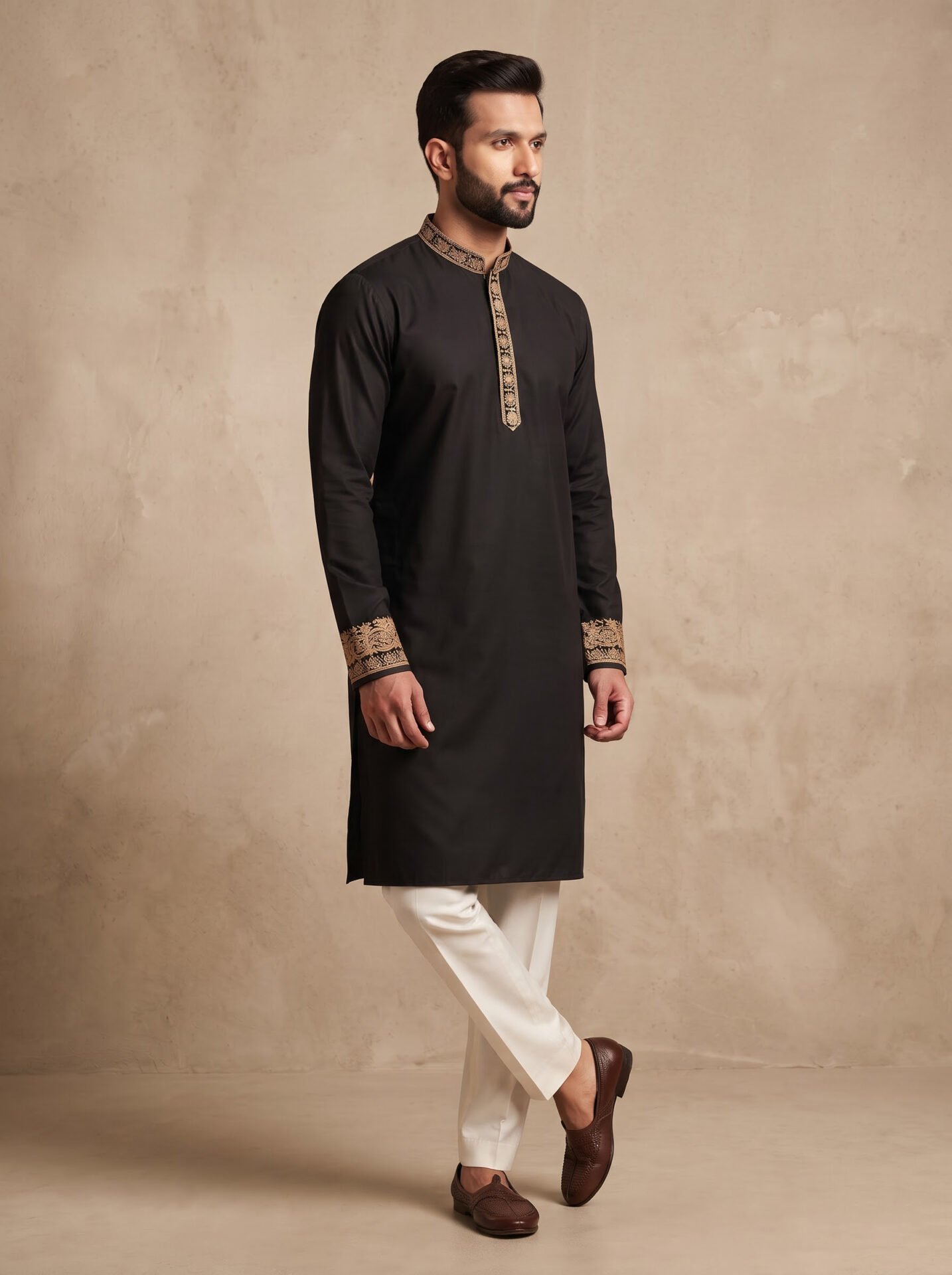 Black Gold Thread Embroidered Men's Kurta - Image 2