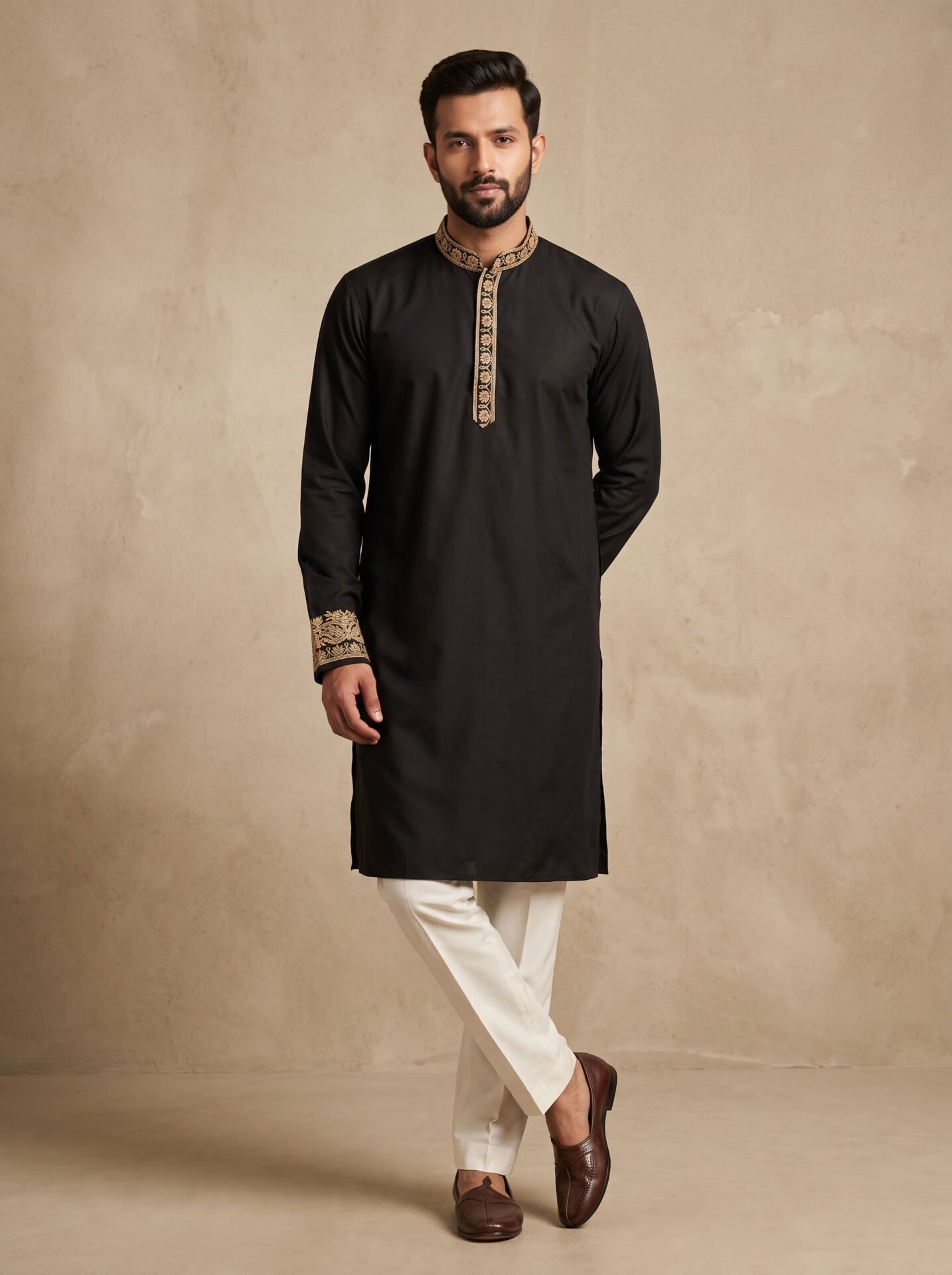 Black Gold Thread Embroidered Men's Kurta