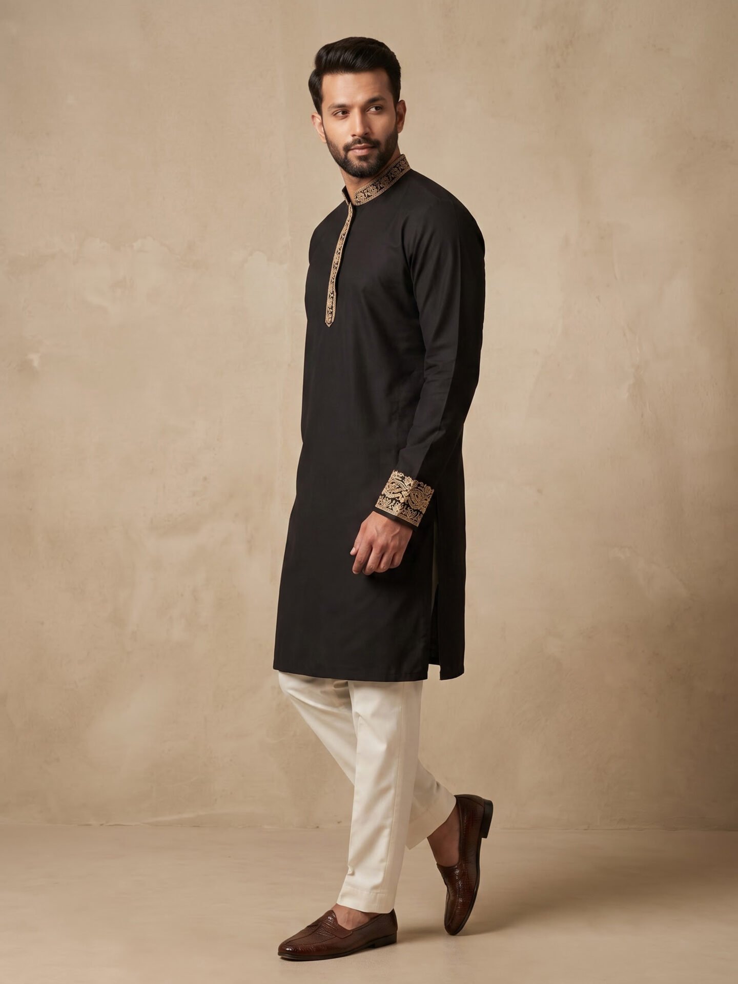 Black Gold Thread Embroidered Men's Kurta - Image 4