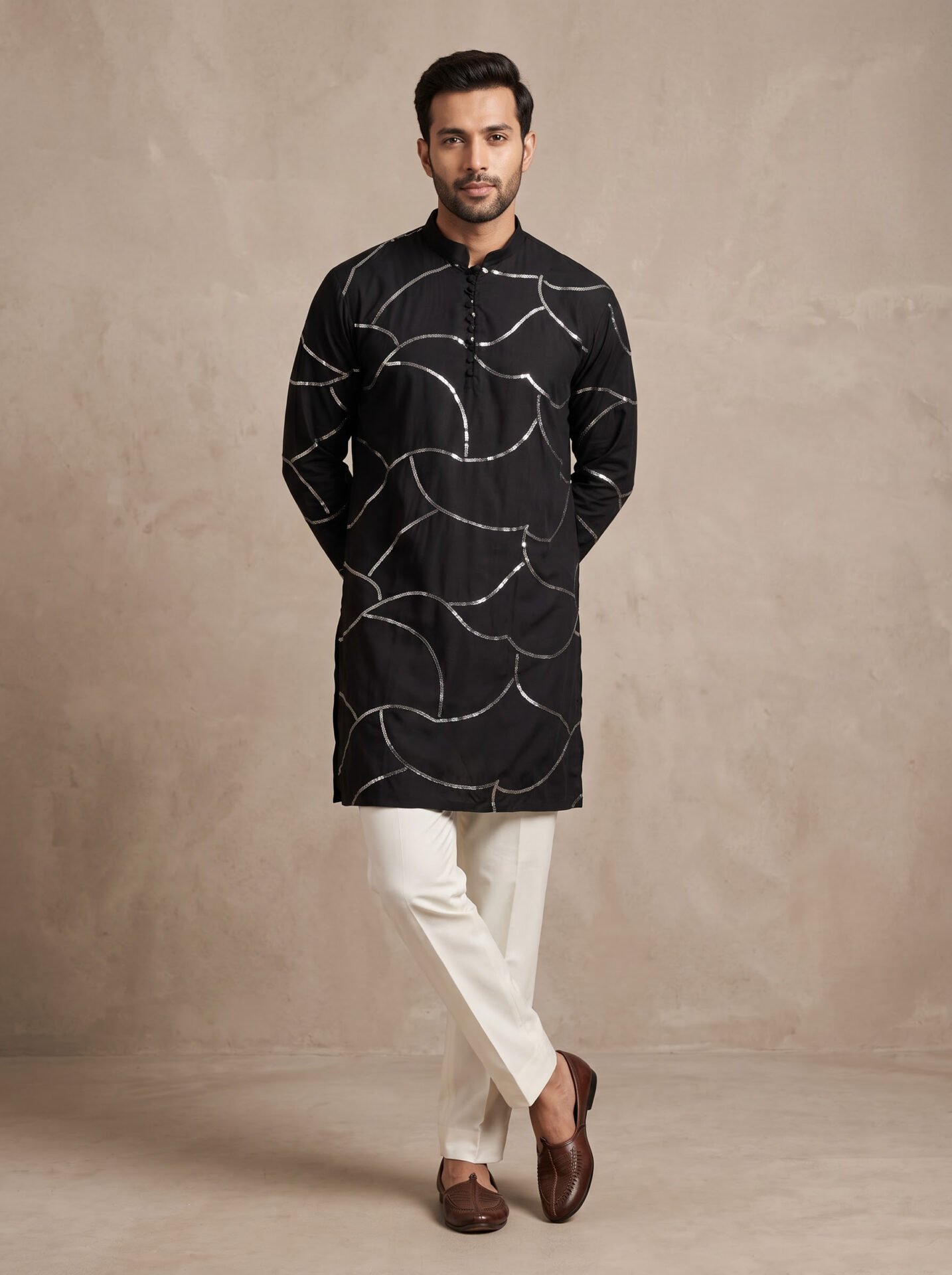 Black Silver Sequin Work Men's Kurta