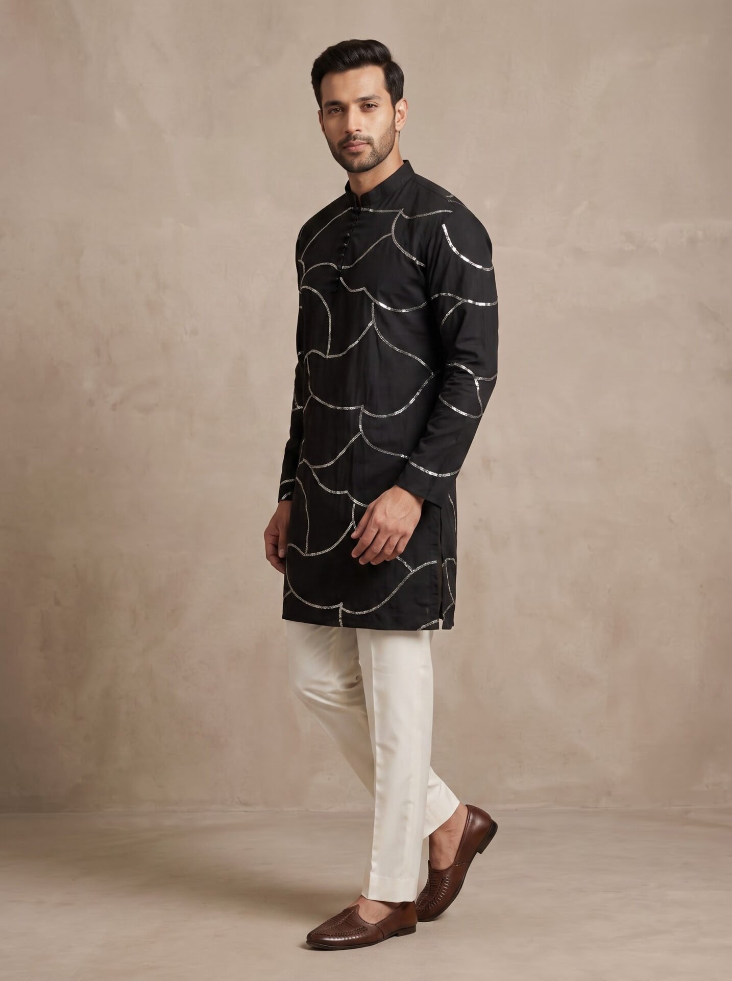 Black Silver Sequin Work Men's Kurta - Image 4