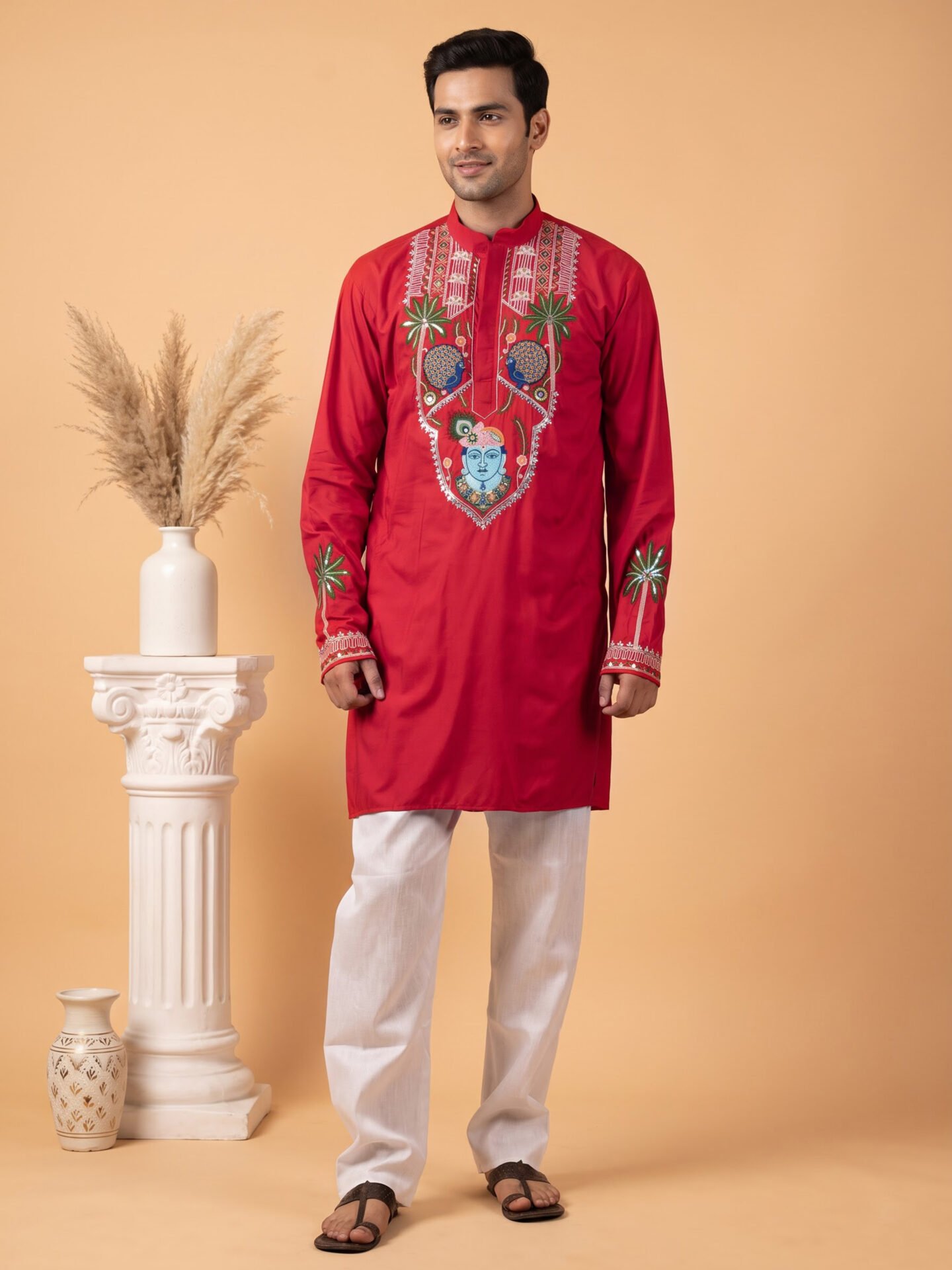 Pink Krishna Embroidered Men's Kurta