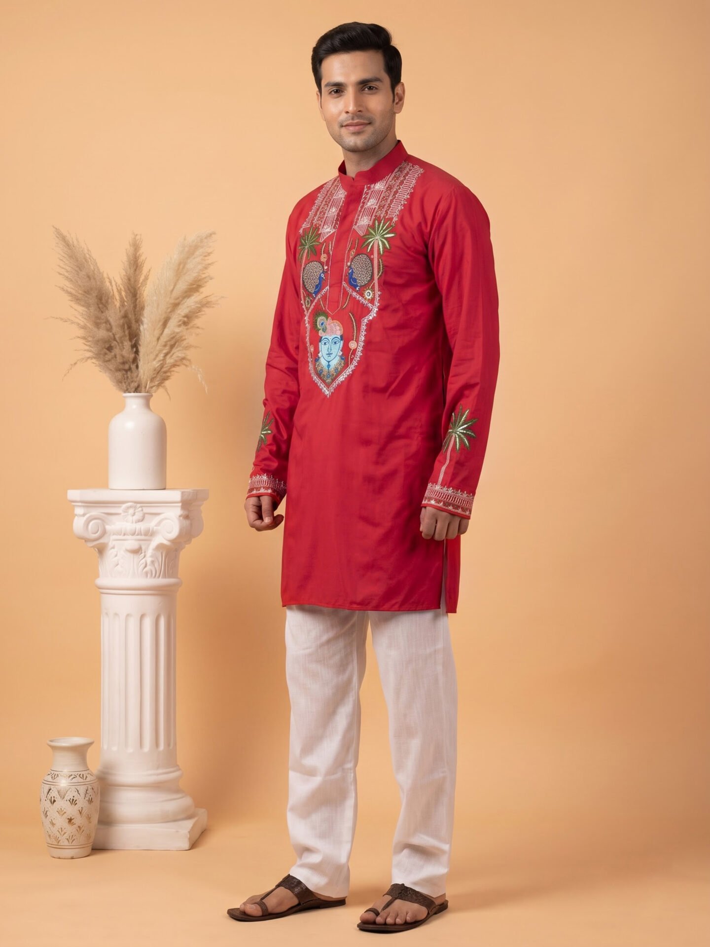 Pink Krishna Embroidered Men's Kurta - Image 4