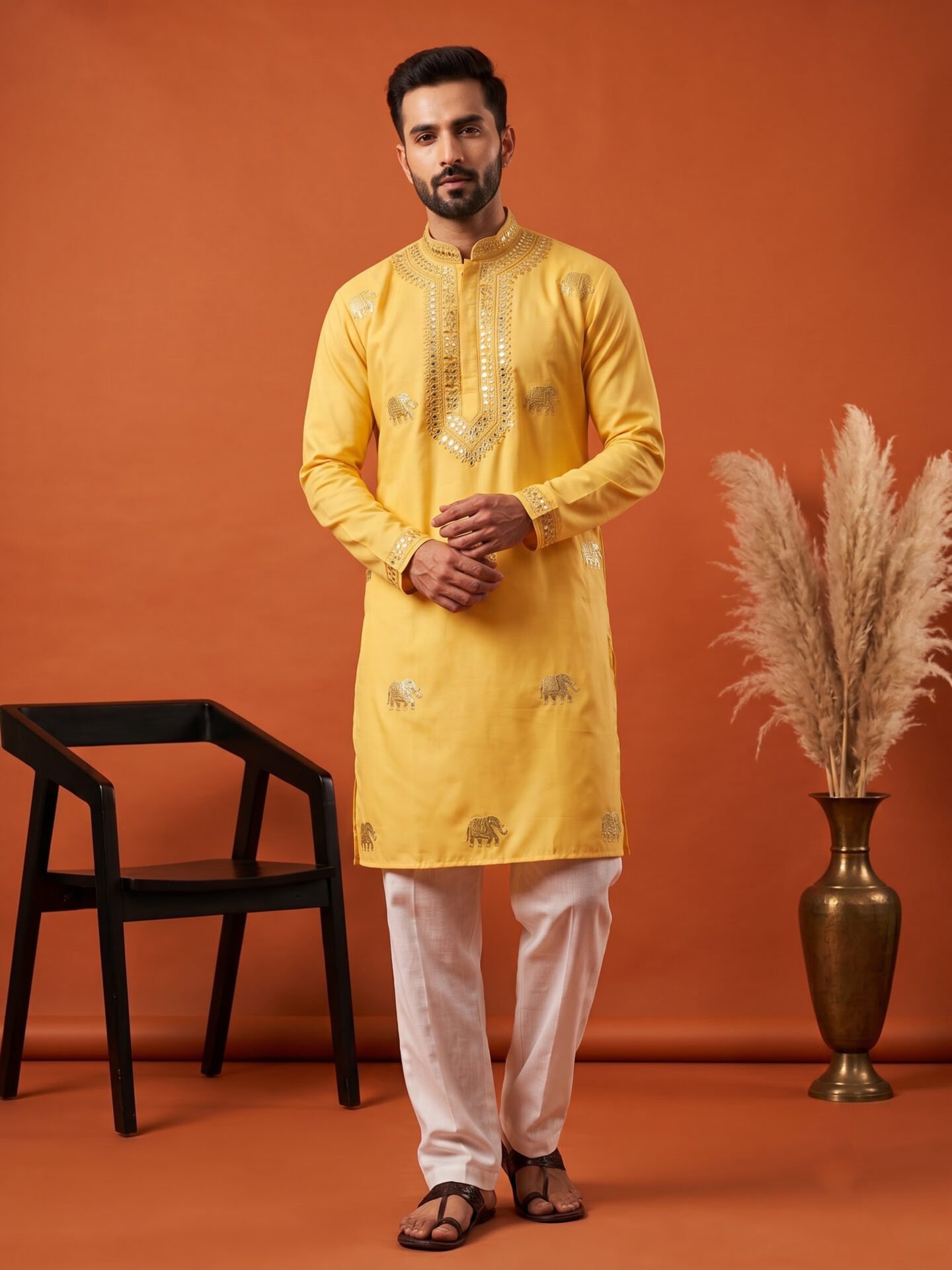 Yellow Elephant Foil Embroidered Men's Kurta