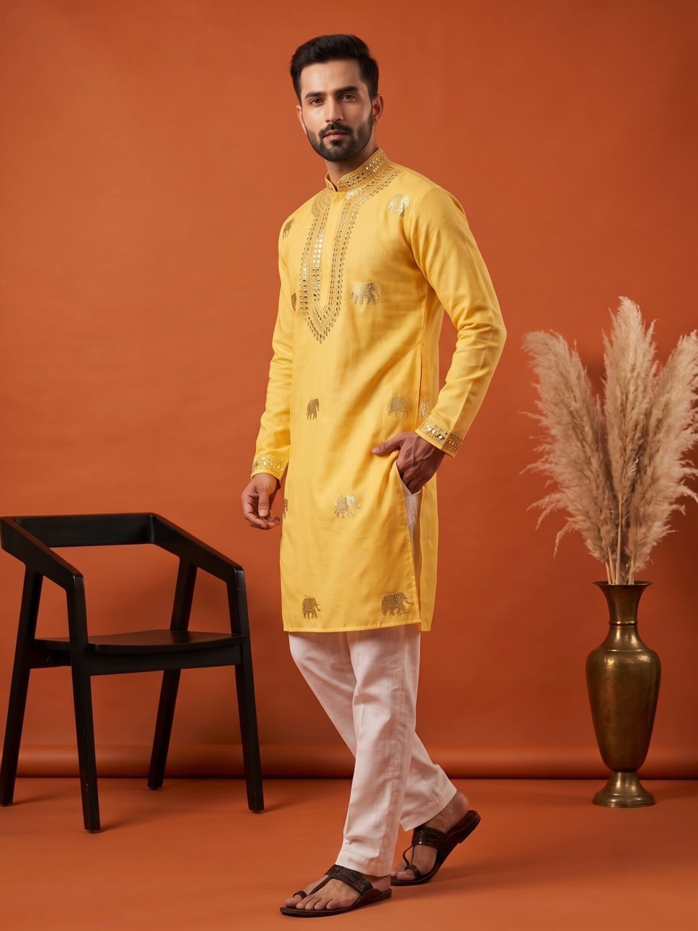 Yellow Elephant Foil Embroidered Men's Kurta - Image 4