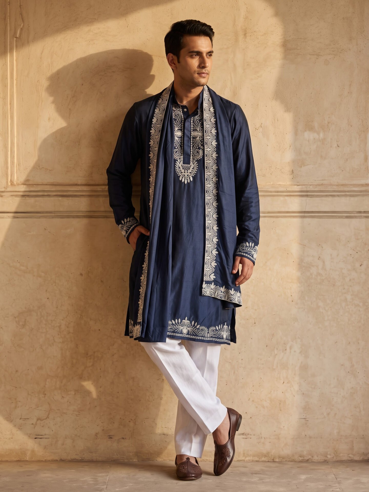 Navy Blue Embroidered Men's Kurta with Dupatta
