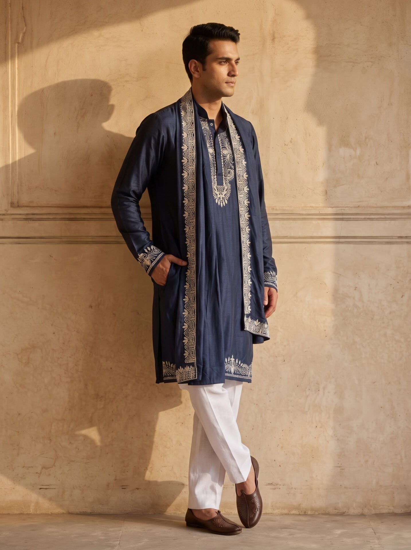 Navy Blue Embroidered Men's Kurta with Dupatta - Image 4