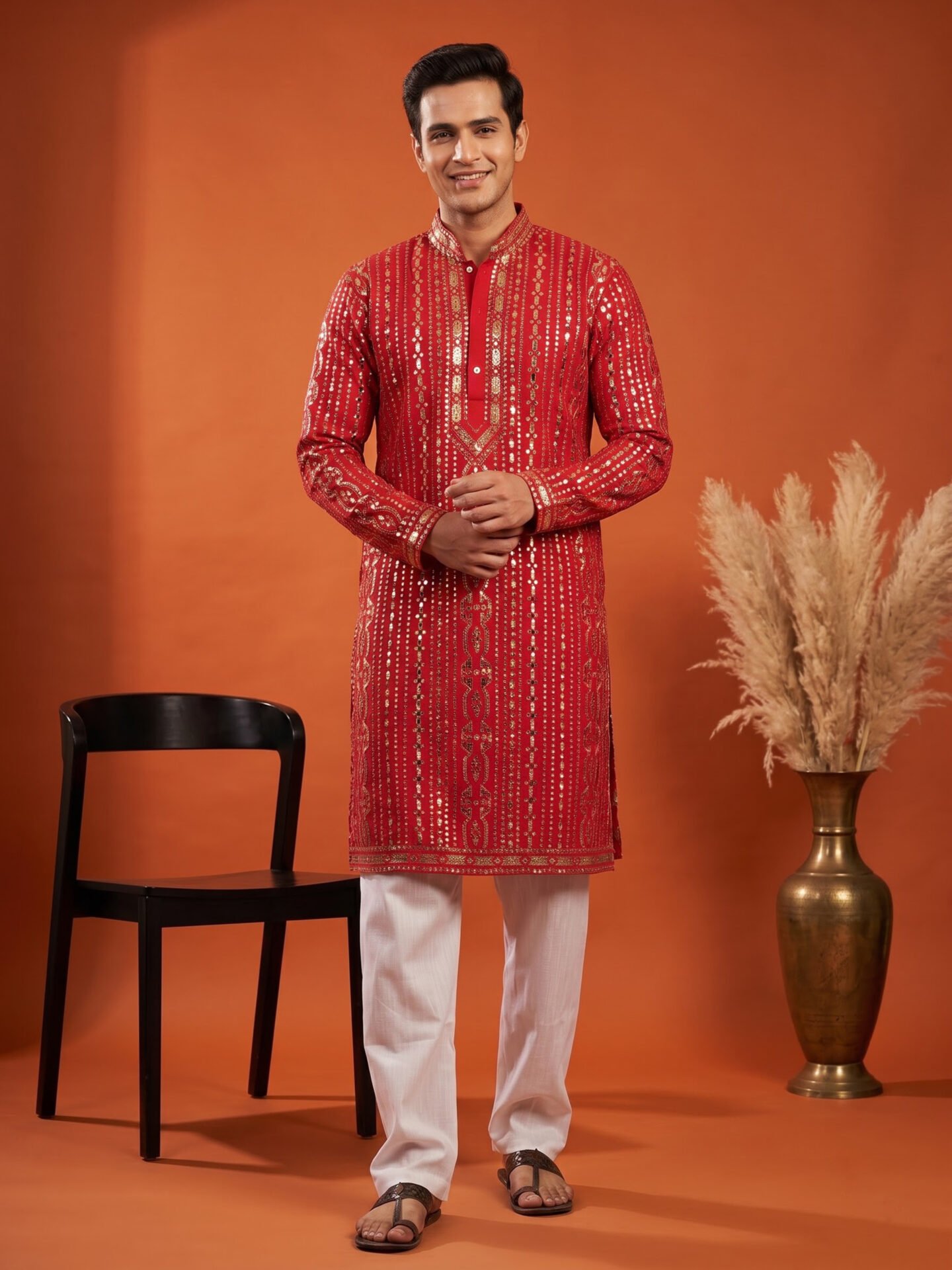 Pink Heavy Foil Work Men's Kurta