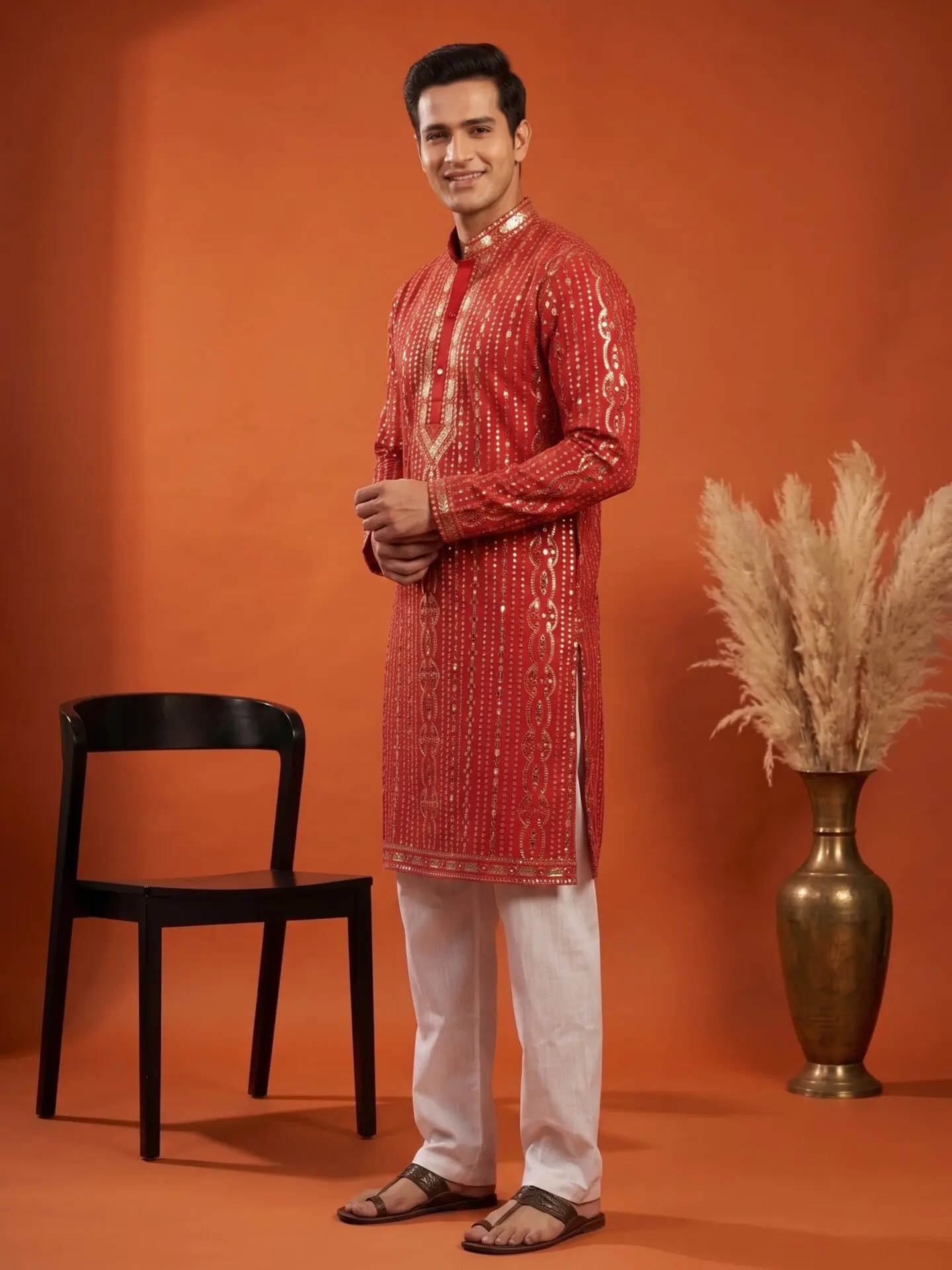 Pink Heavy Foil Work Men's Kurta - Image 4