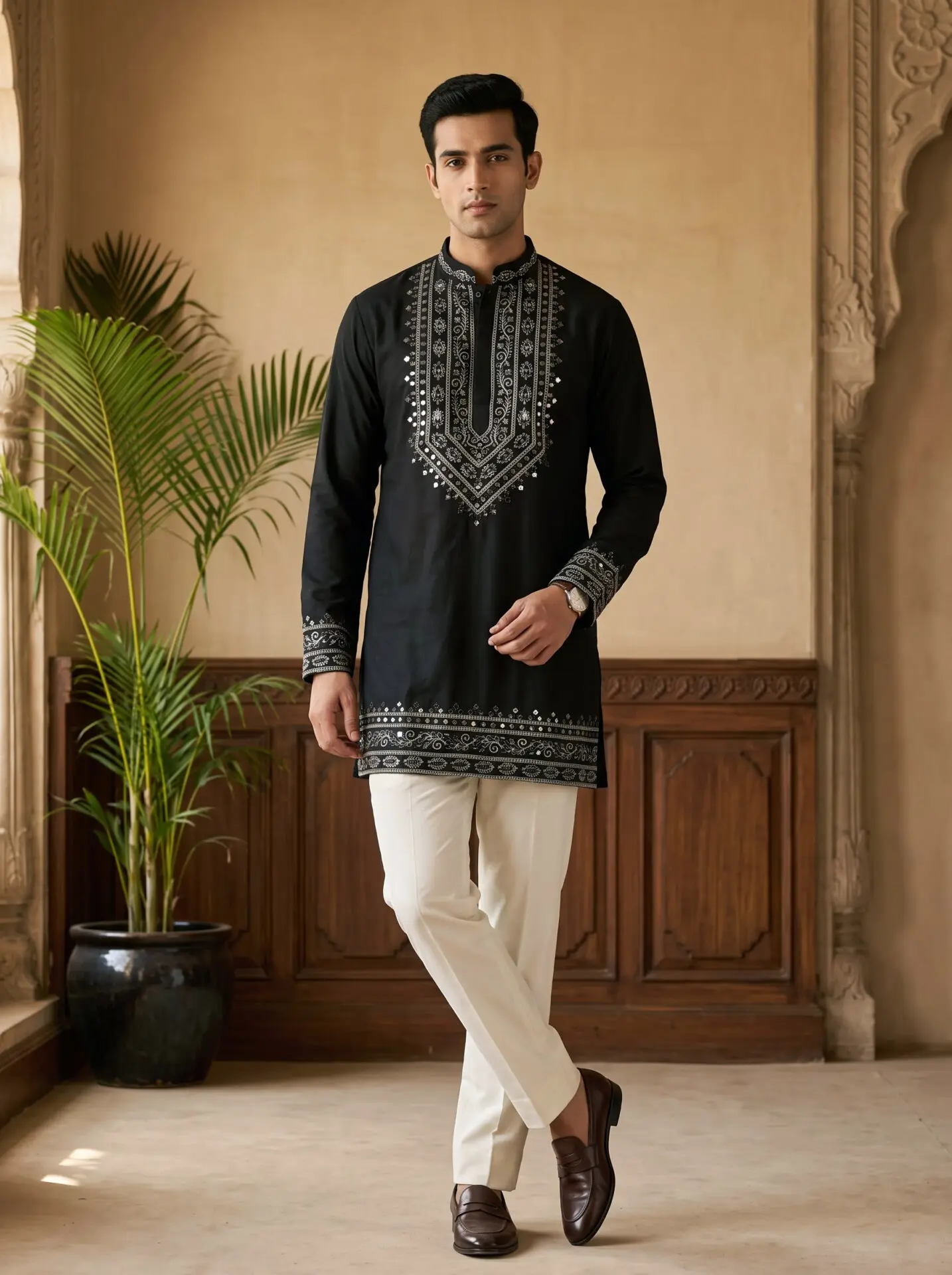 Black Real Mirror Work Men's Kurta