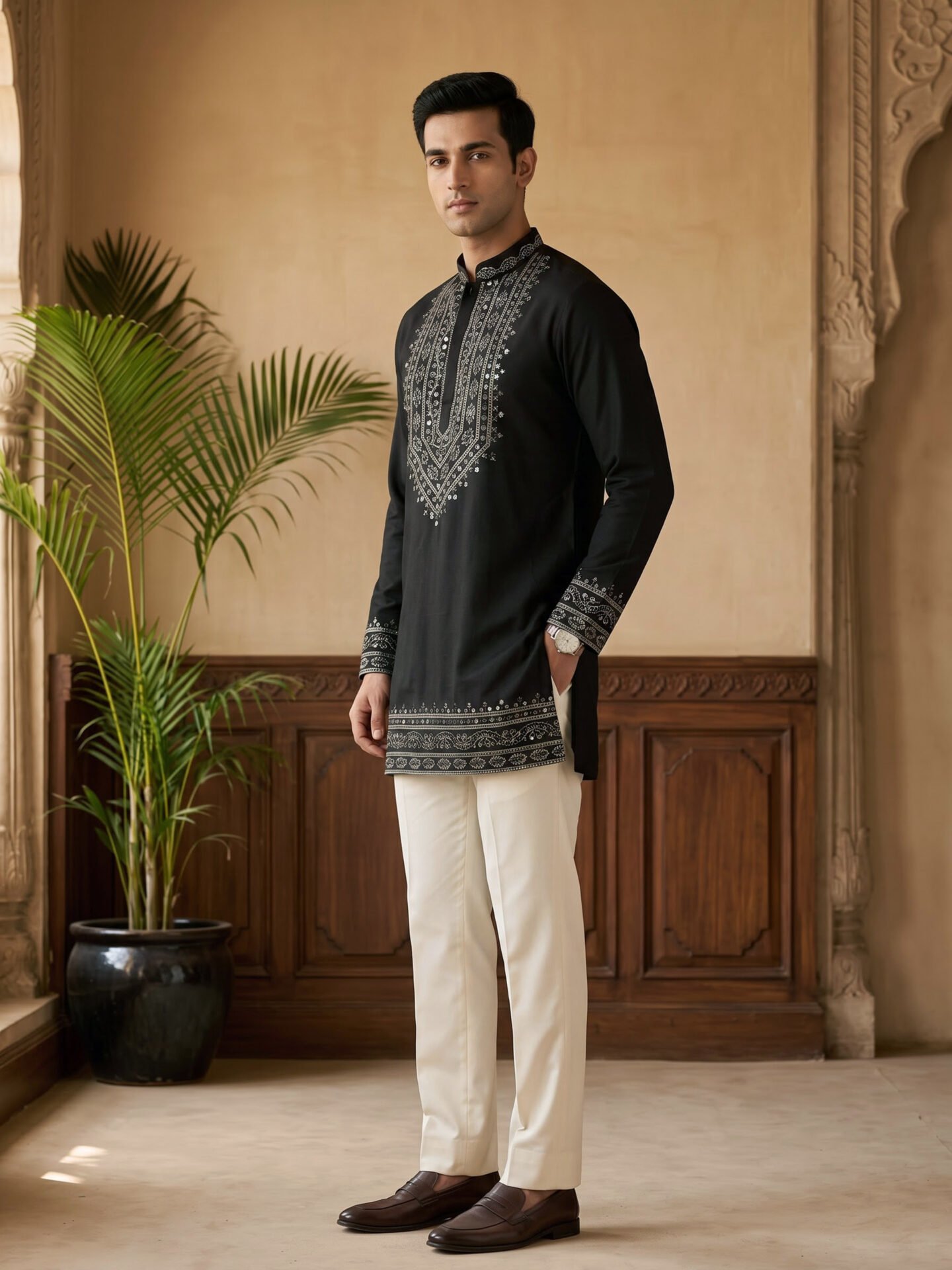 Black Real Mirror Work Men's Kurta - Image 4