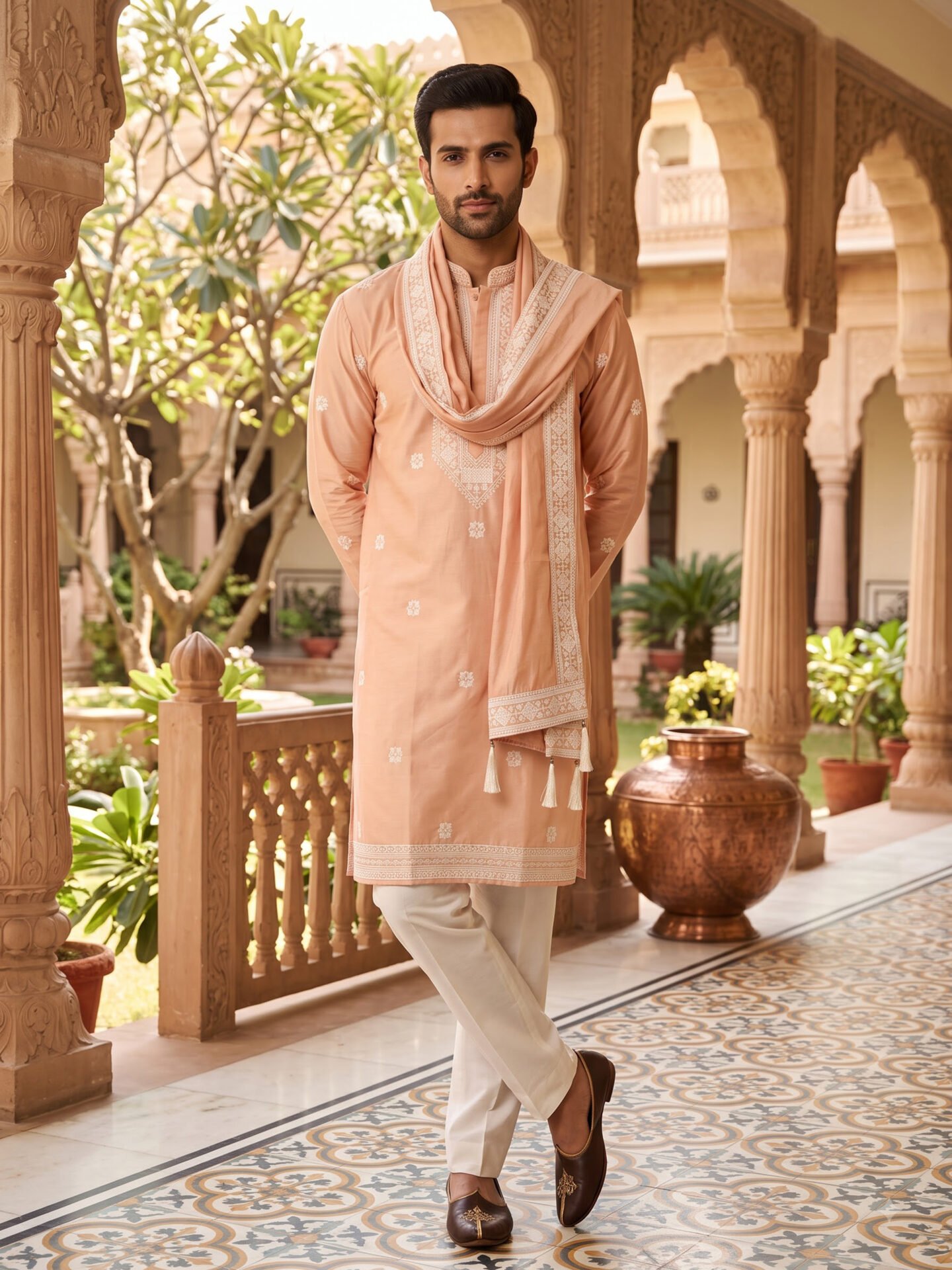 Peach Embroidered Men's Kurta with Dupatta