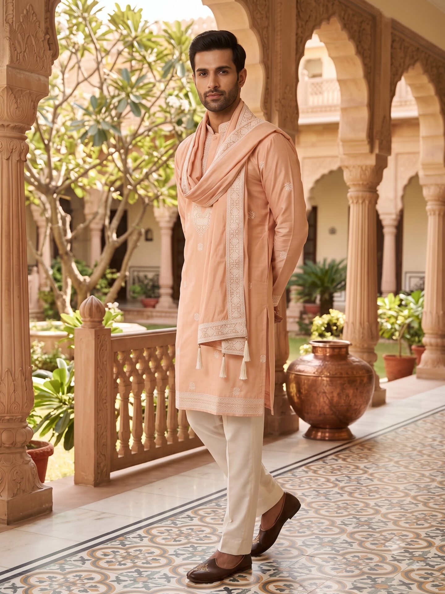 Peach Embroidered Men's Kurta with Dupatta - Image 4
