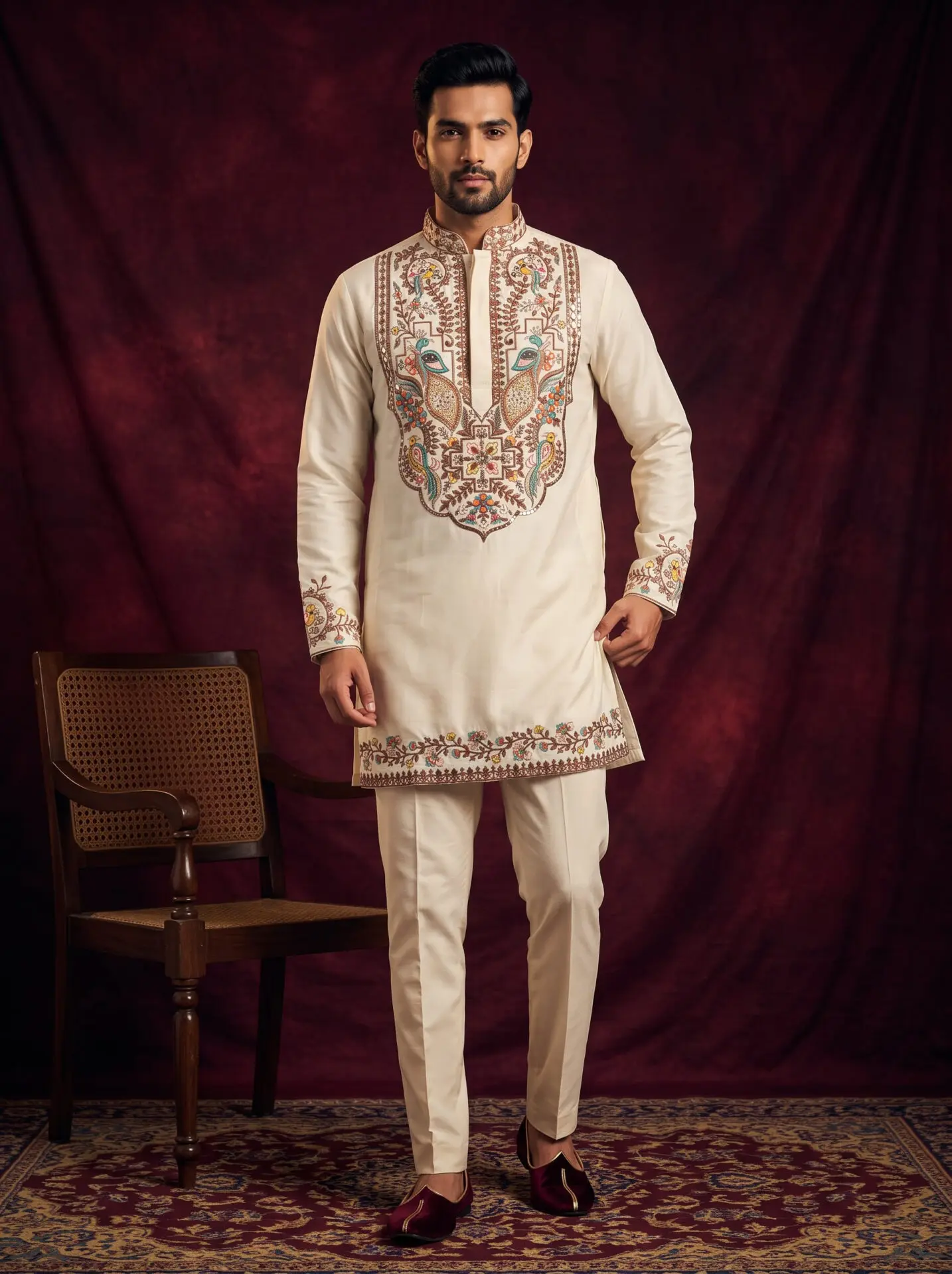 Off-White Peacock Embroidered Men's Kurta