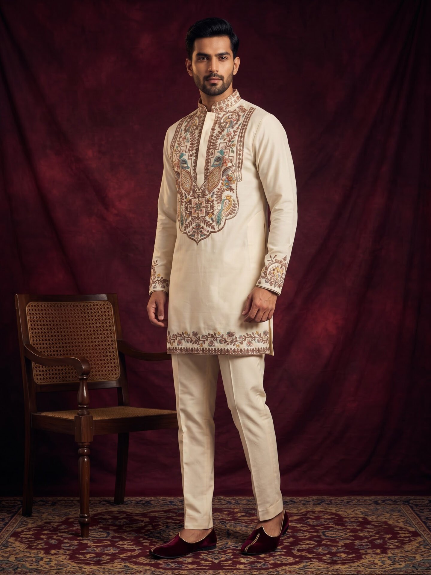 Off-White Peacock Embroidered Men's Kurta - Image 4