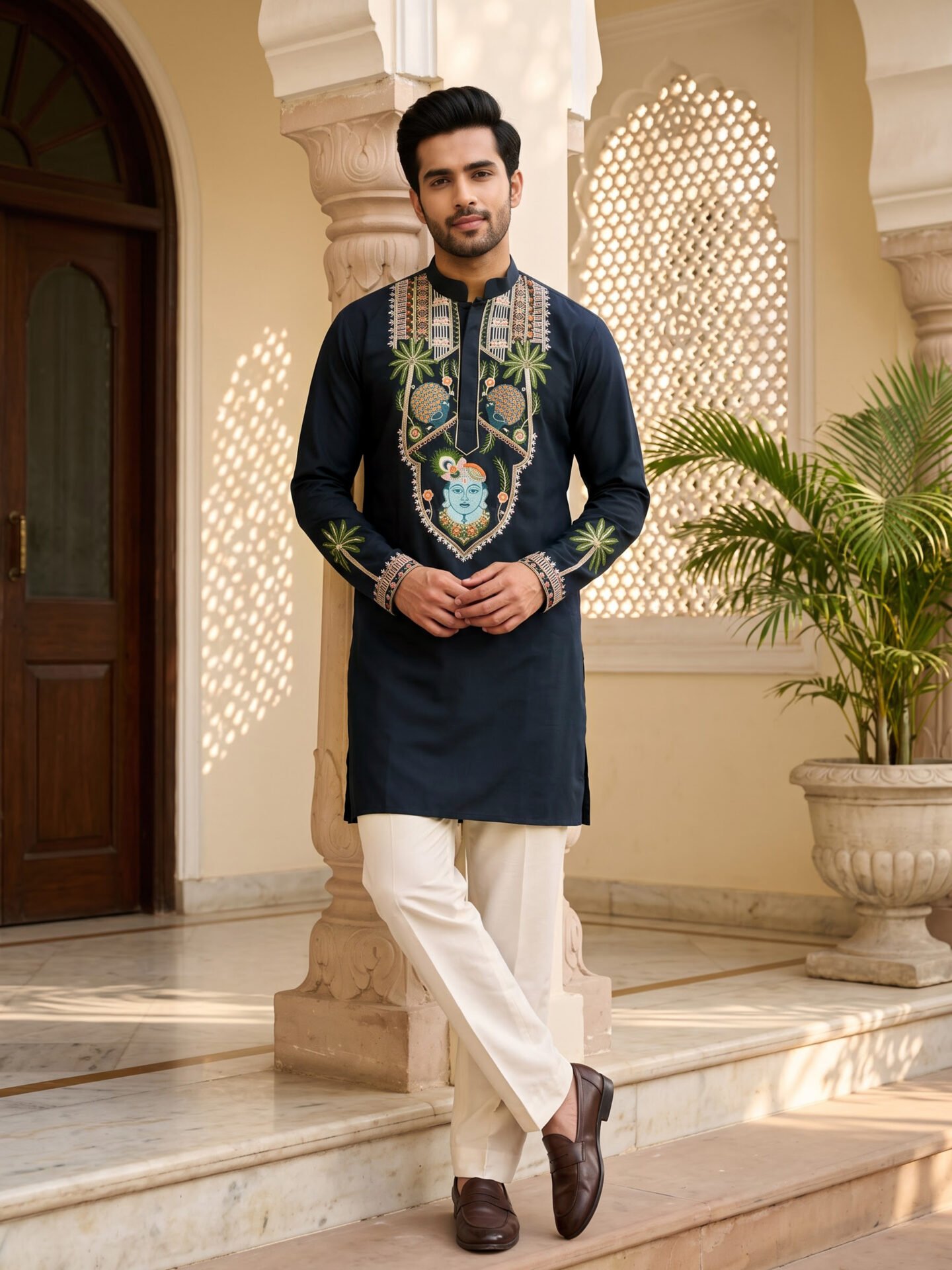 Navy Blue Krishna Embroidered Men's Kurta