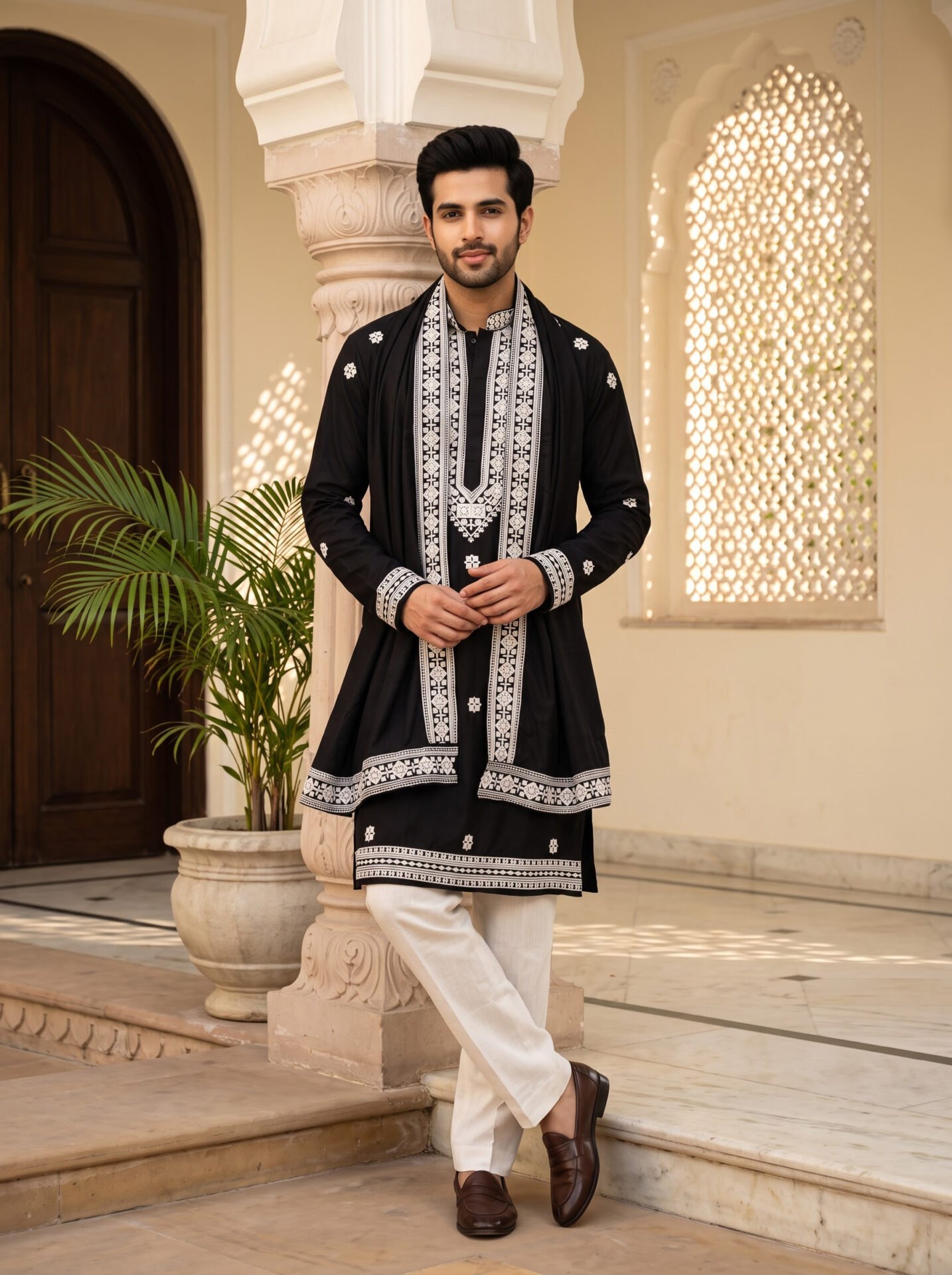Black Embroidered Men's Kurta with Dupatta