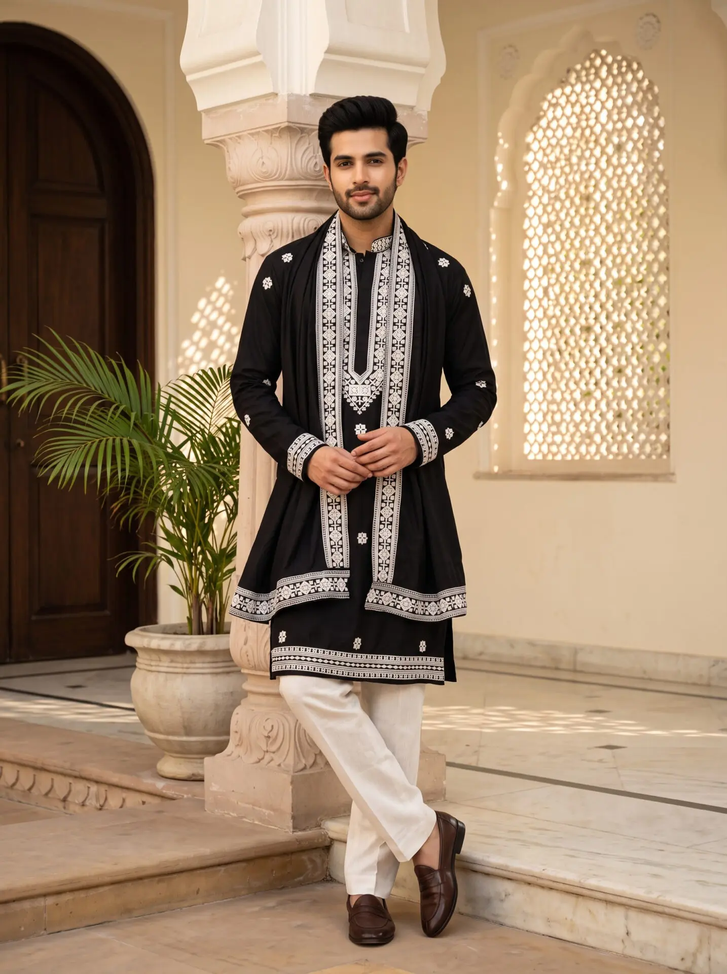 Black Embroidered Men's Kurta with Dupatta