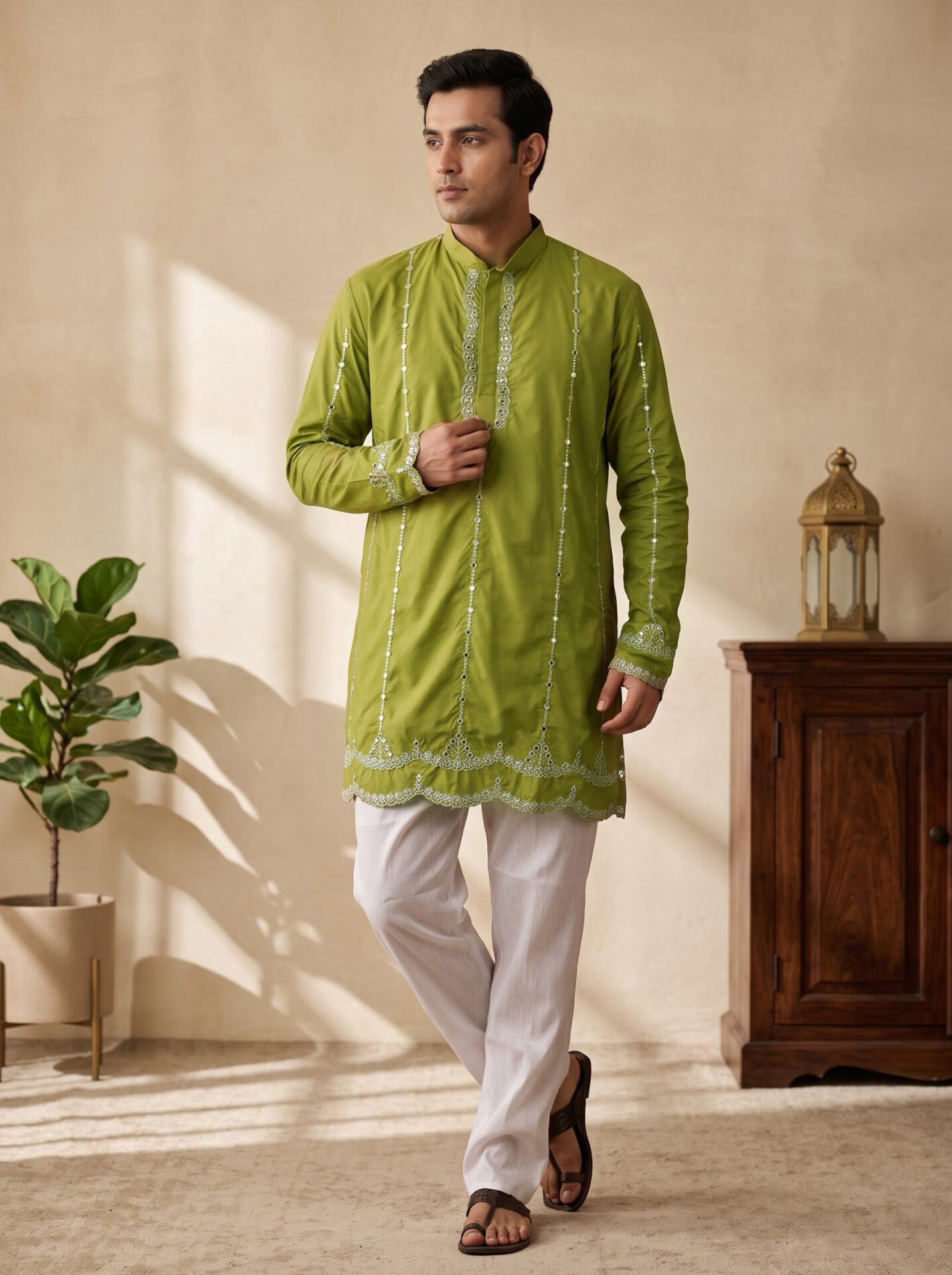 Mehendi Green Mirror Embroidered Men's Kurta