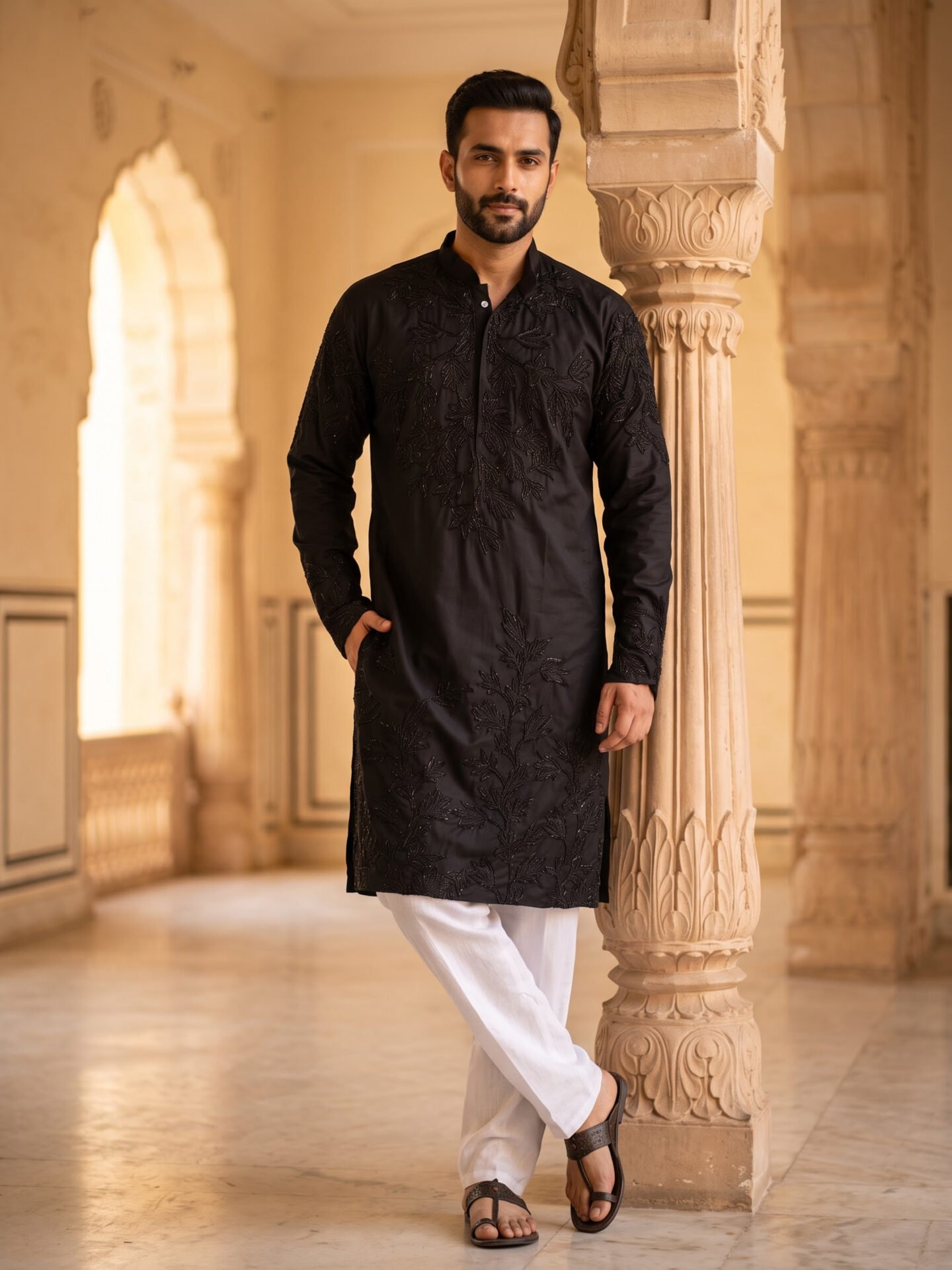 Black Tone-on-Tone Floral Embroidered Men's Kurta