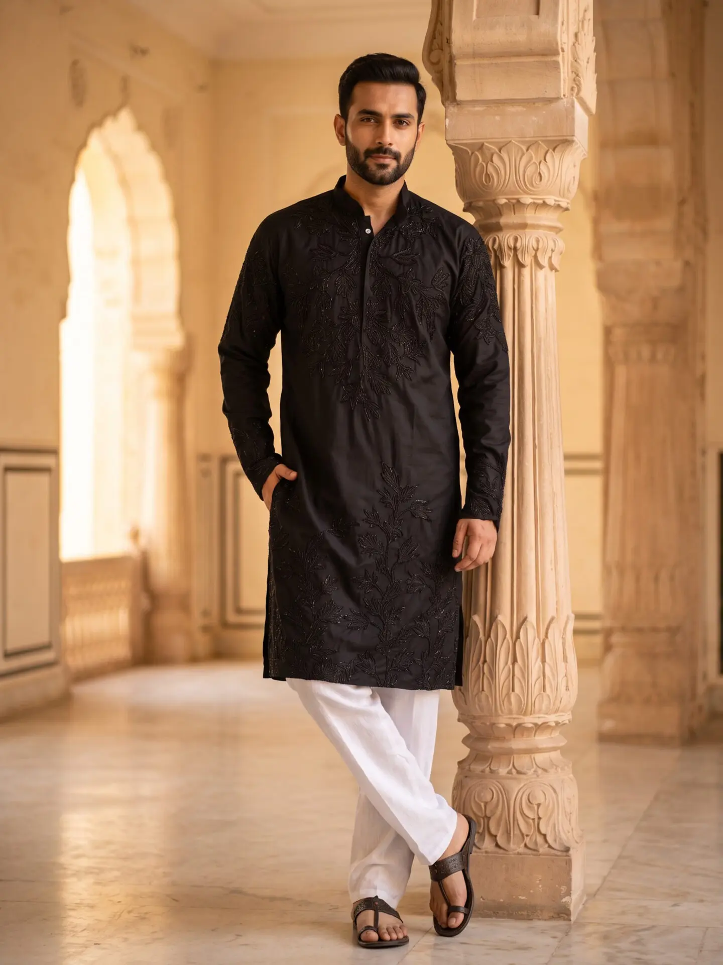 Black Tone-on-Tone Floral Embroidered Men's Kurta