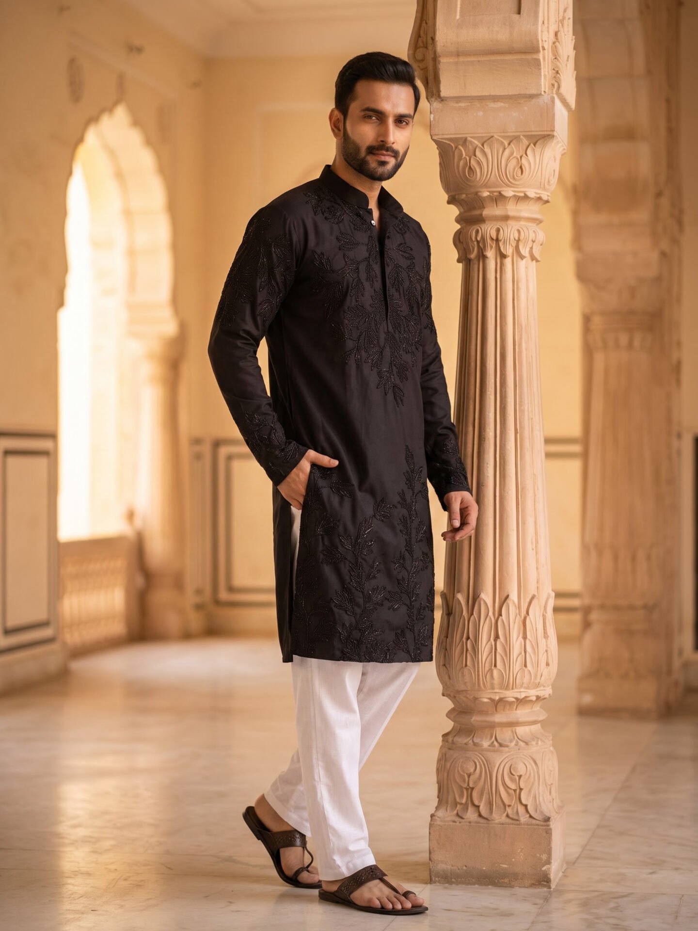 Black Tone-on-Tone Floral Embroidered Men's Kurta - Image 4