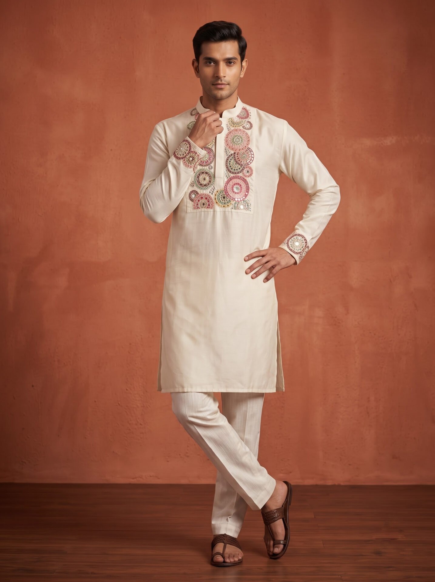 Off-White Embroidered Men's Kurta with Beaded Neck